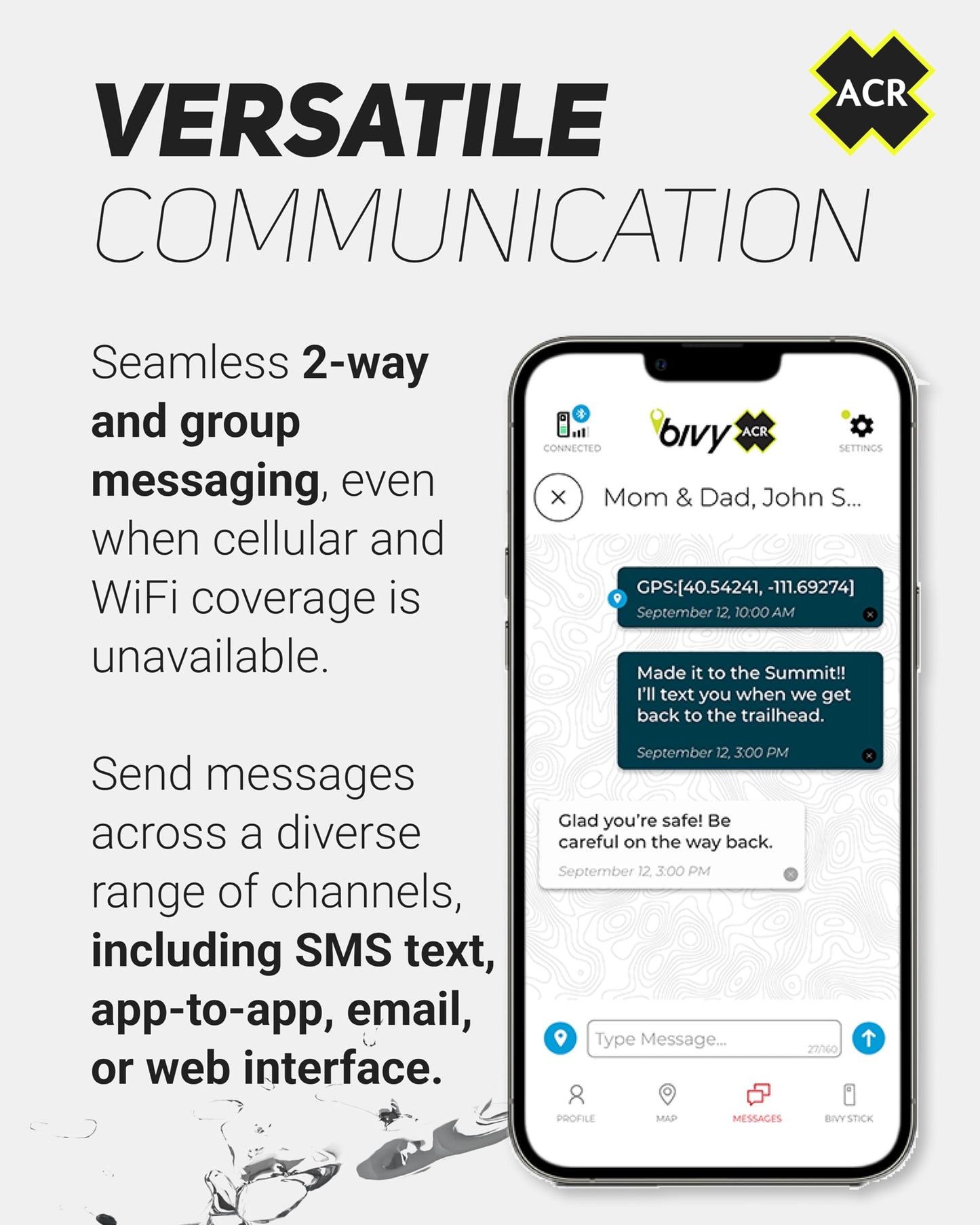 ACR Bivy Stick Satellite Communicator - Two-way text messaging, GPS tracking, maps and navigation, emergency SOS, weather reports, and location sharing, app compatible.