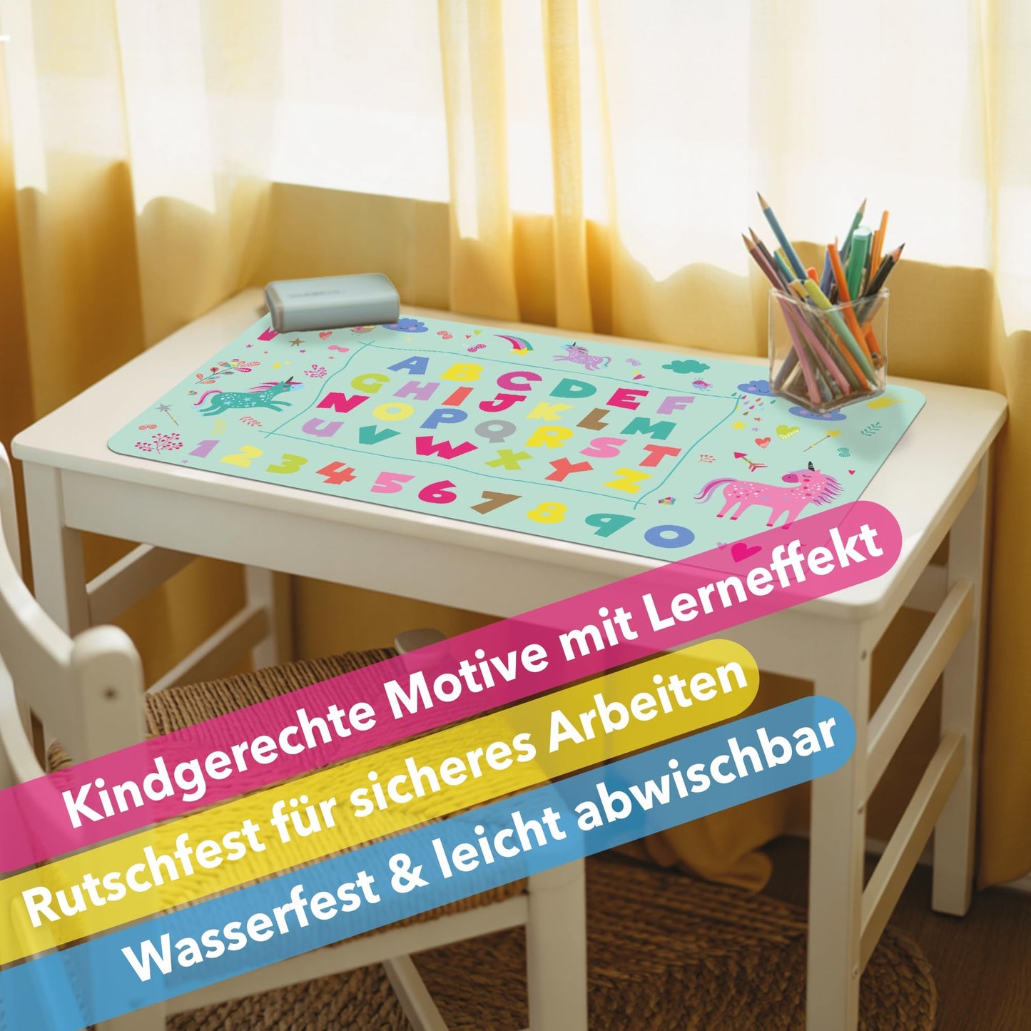 Lineo® Desk Pad for Kids; Waterproof table mat for children's desk; Desk pad (unicorn & princess design, 70x40cm)