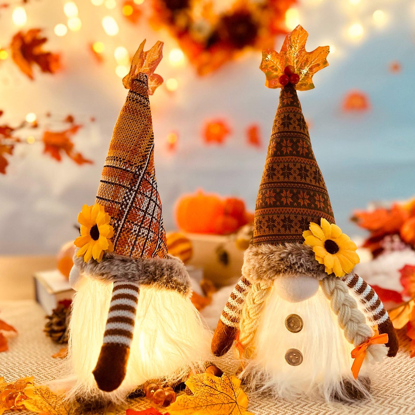 ACAREY Autumn Decor Gnomes with Light 2-Pack Large 35cm Plush Gnome Figures Halloween Decor with LED Christmas Decor Fall Harvest Illuminated Gnomes