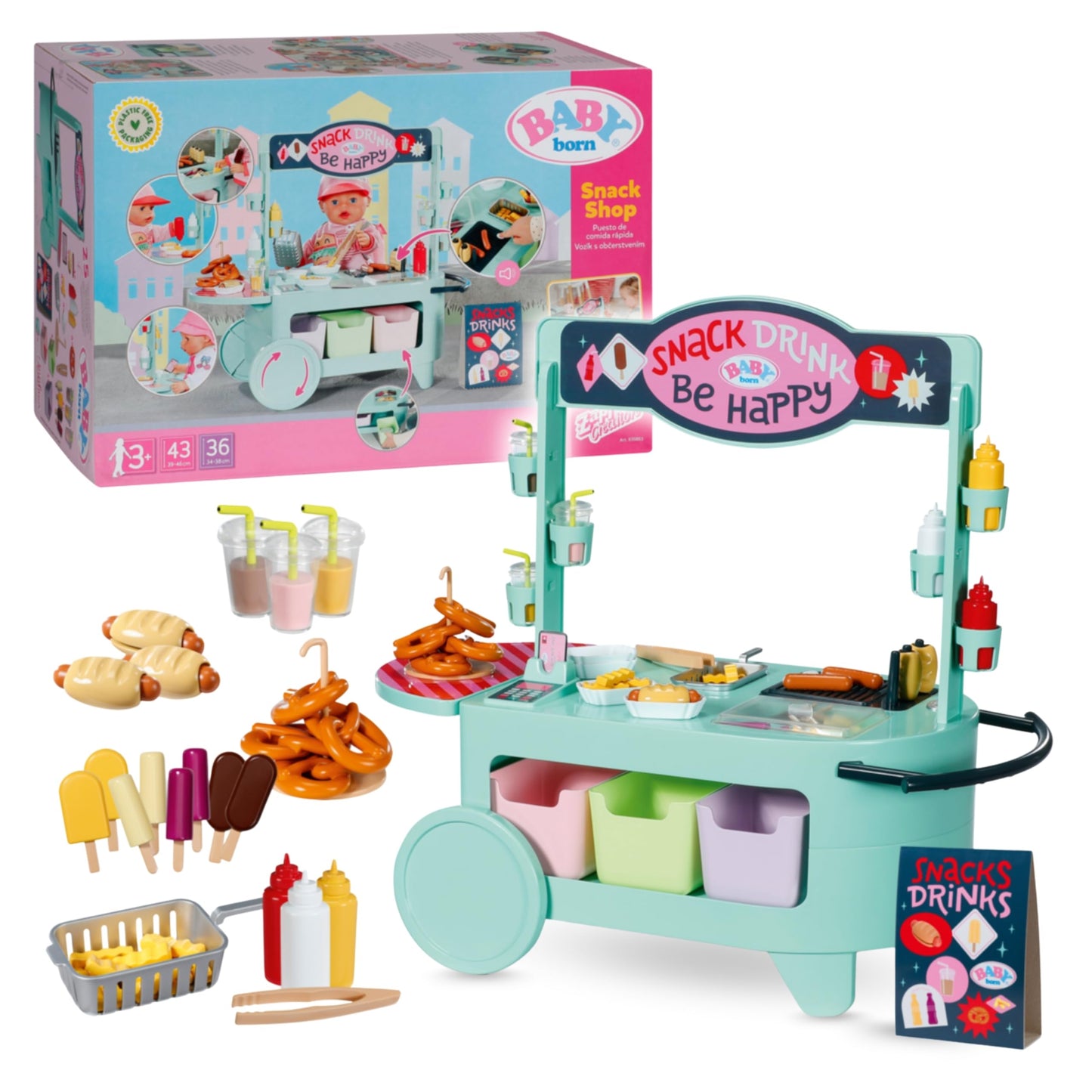 BABY born Snack Shop, food stand for dolls with sound effects, 25 different fast food snacks, 835883 Zapf Creation