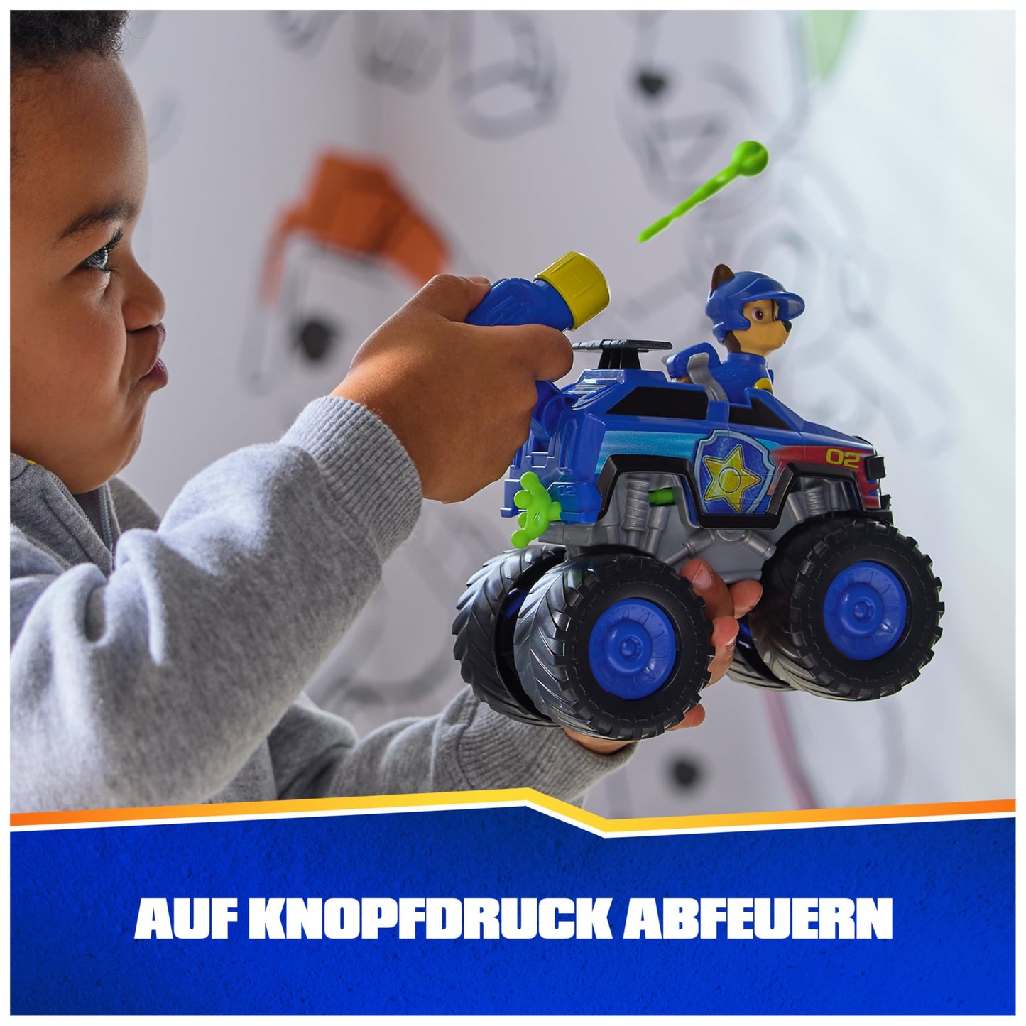 PAW Patrol Rescue Wheels - Chase's monster truck vehicle with projectile launcher and Chase figure, toy for children ages 3 and up.