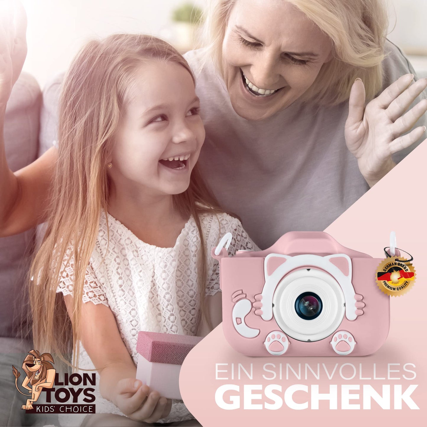 Lion Toys Kids Camera Pink | Photo camera with 32GB memory card, silicone protective case & fun effects | 18 megapixels | rechargeable | Easy operation for 3-12 years.