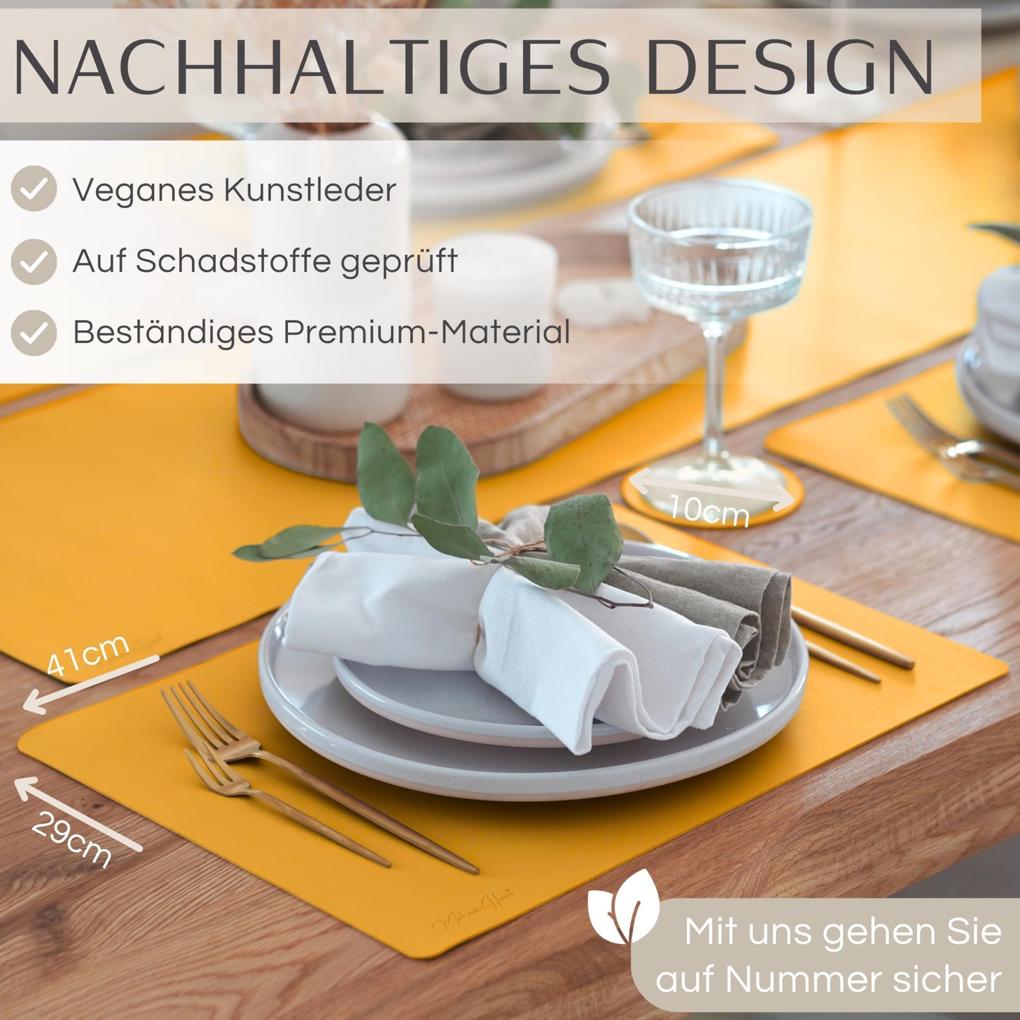 Mahewa® 6-piece Premium Faux Leather Placemat Set - Waterproof and Washable Place Mat Coasters in Leather Look (Mustard Yellow, Square)