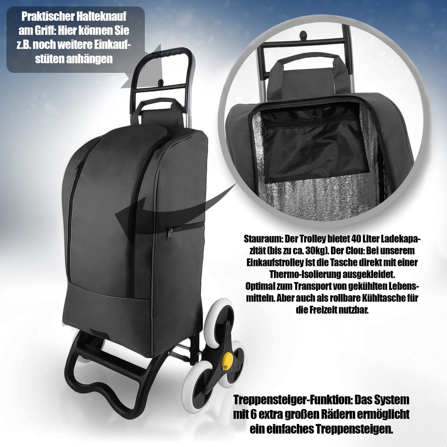 BigDean shopping trolley with stair climbing function, cooler compartment & 6 large wheels - 40L foldable black - shopping cart shopping roller cooler bag shopping bag stair climber