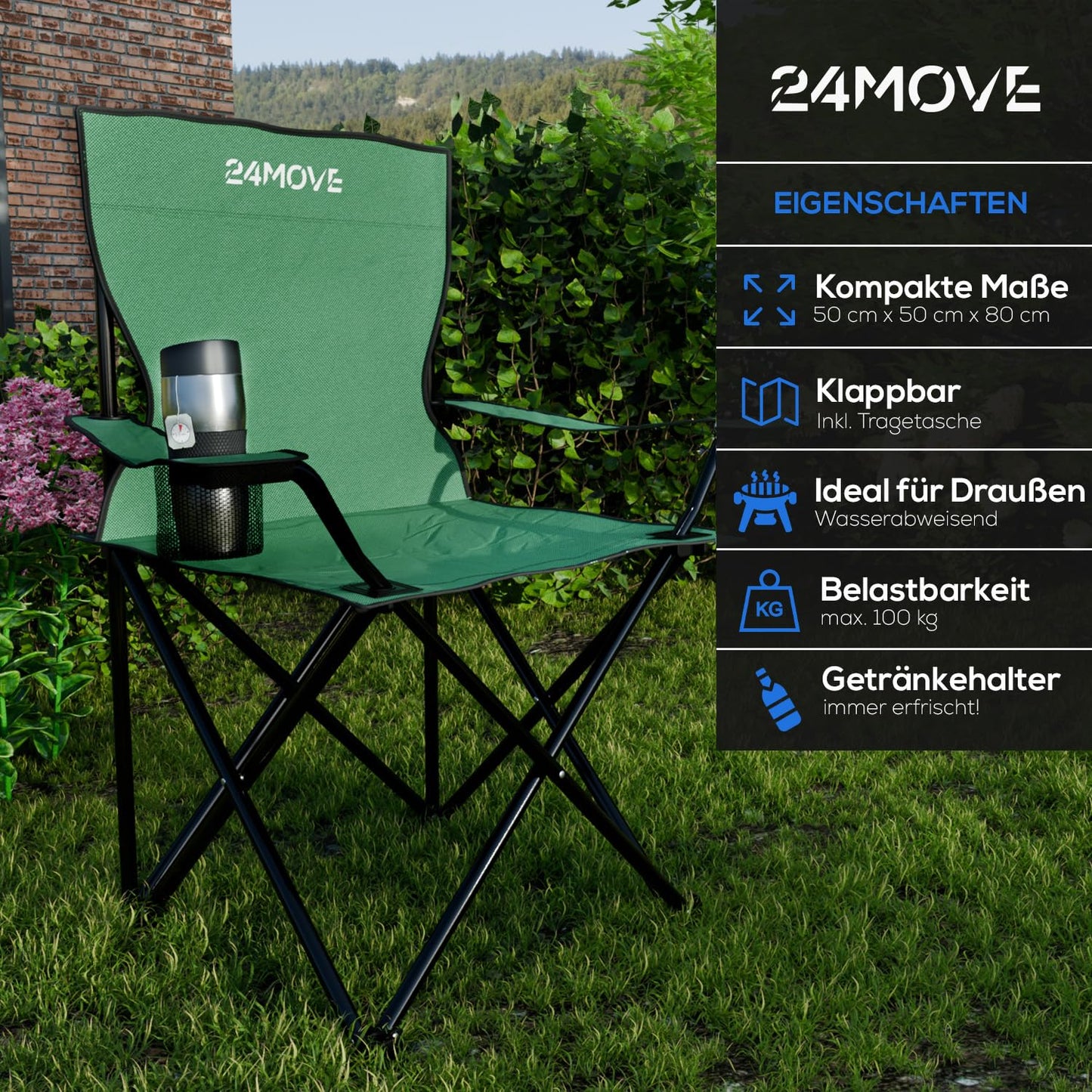 24MOVE® folding chair green camping chair with drink holder - foldable fishing chair - folding garden chair lounge chair camping chair, polyester, for outdoors or indoors