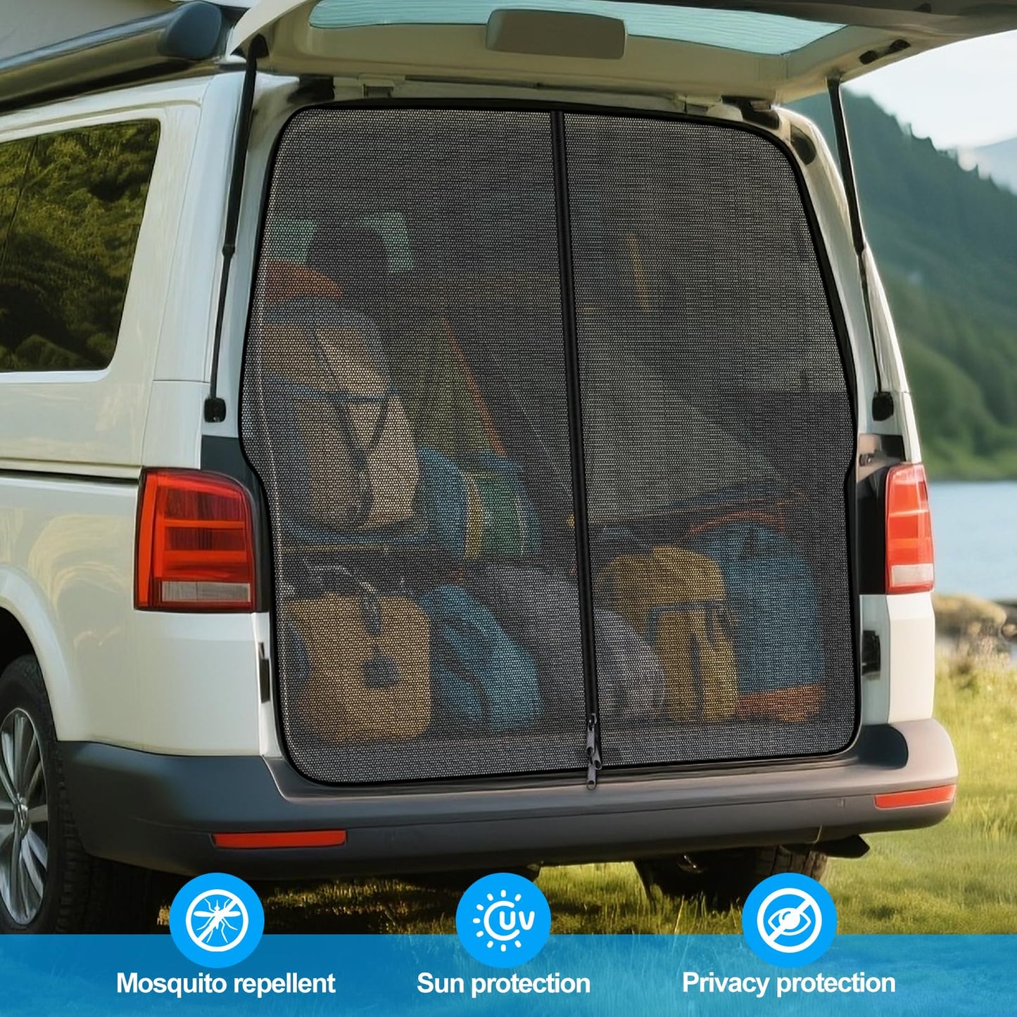 ZATOOTO mosquito net zipper for VW T5 T6 tailgates, fly screen insect protection sunshade, rear door separator curtain mosquito net with magnetism, trunk shade net camping travel (rear)