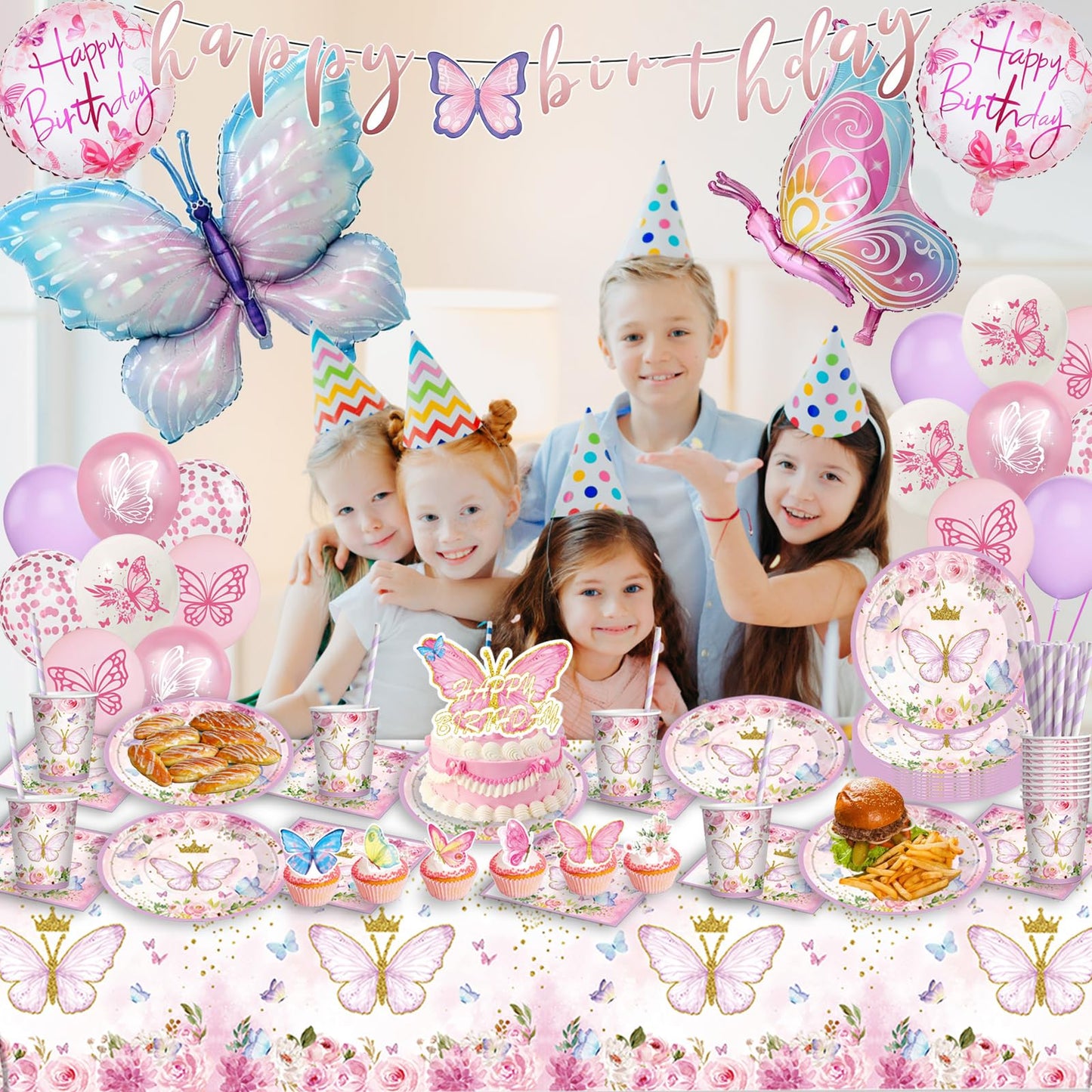 Butterfly party tableware set for birthday - decorations, balloons, paper plates, tablecloth for girls' party decoration - 16 guests