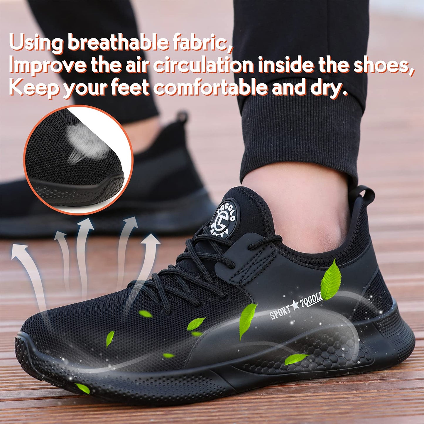 AONETIGER safety shoes for men and women. Lightweight work shoes with steel toe. Breathable, anti-slip sports protective shoes. Sneakers in size 40, black.