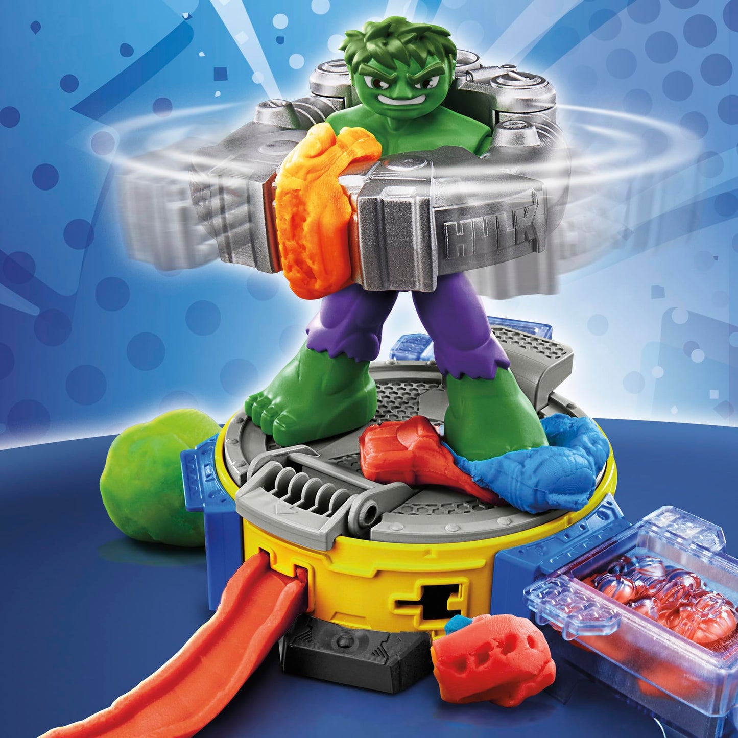 Play-Doh Marvel Hulk Smash & Squeeze Fun, action figure and 3 x 28g cans and 1 x 56g can, dough press and molds, creative fun for kids ages 3 and up.
