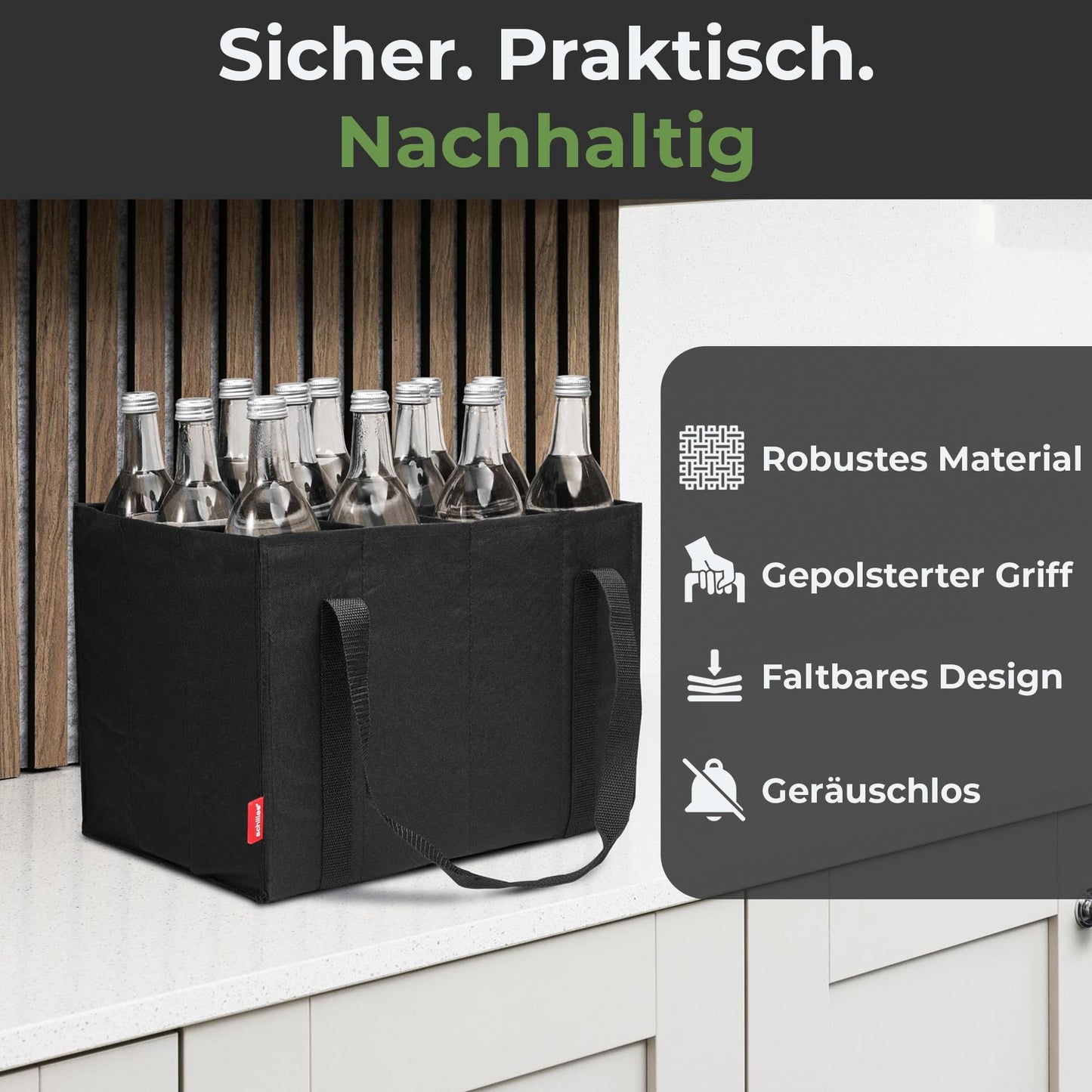 Achilles bottle holder with 12 compartments for 1.5 liters each. Tear-resistant bottle carrier with Velcro fastening. Foldable with dividers for water bottles, wine, and beer. Black.