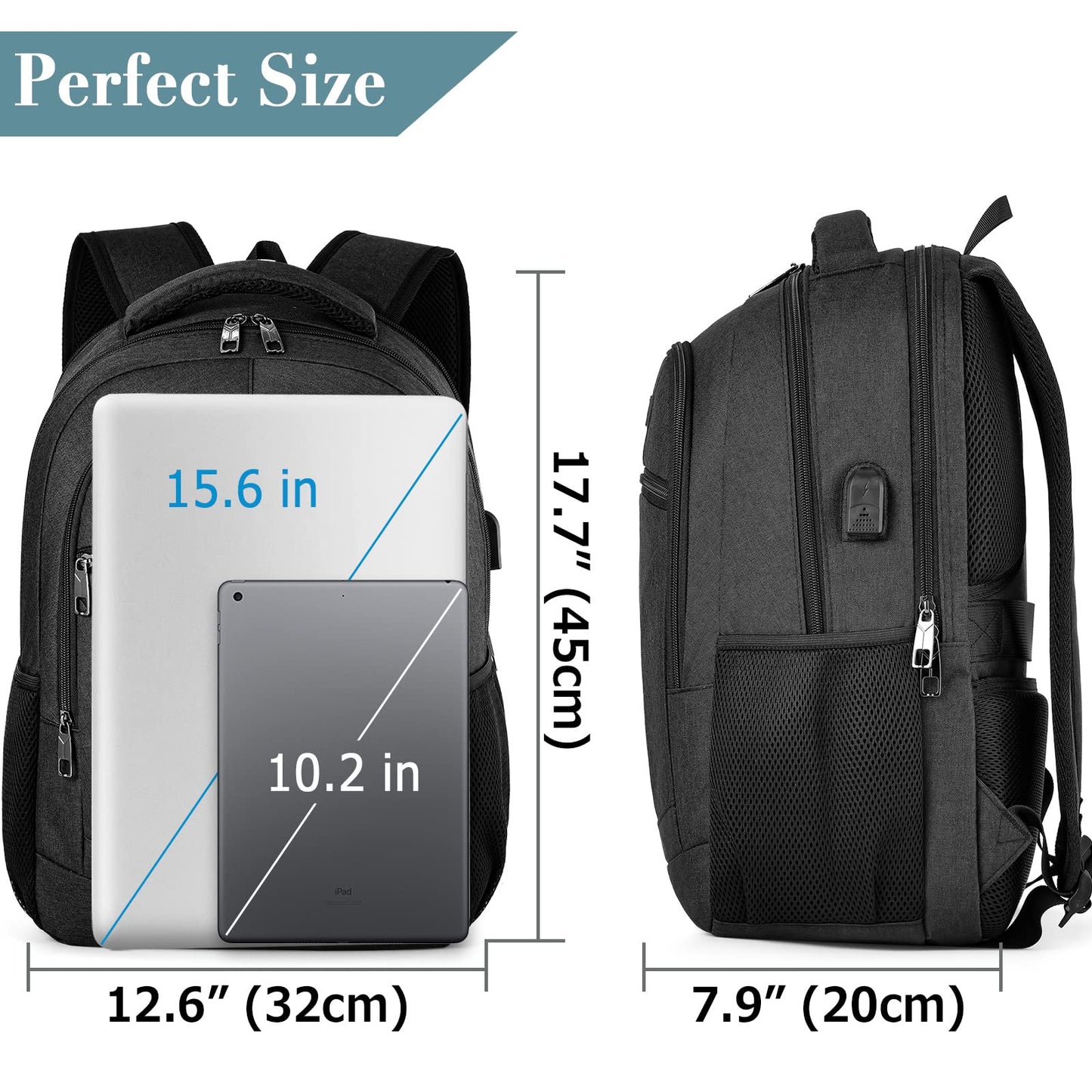 BIKROD backpack for men, school backpack for teenage boys, 15.6 inch laptop work daypack with USB charging port for business, hiking, travel, camping school bag, black