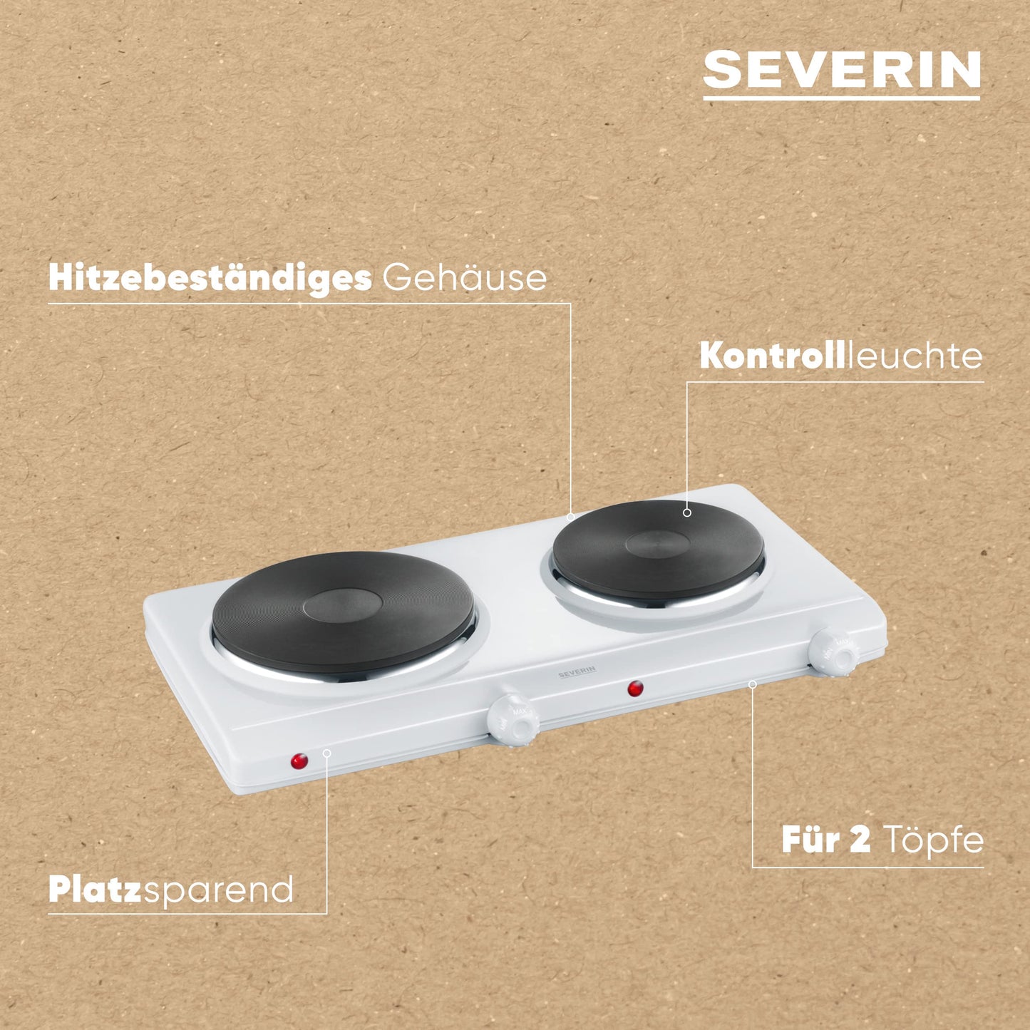 SEVERIN Double Hot Plate for kitchen, office, or camping, small stove with stepless temperature control, camping stove for two pots, white, 2,500W, DK 1042