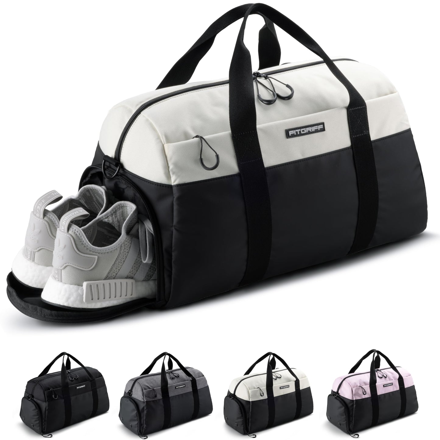 Fitgriff® sports bag & travel bag V2 for women and men - with shoe compartment & wet compartment - bag for sports, fitness, travel - training bag, gym bag, (Black/Cream White, Small)