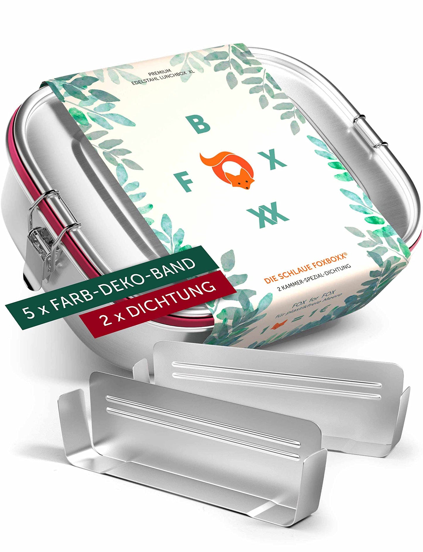 FOXBOXX stainless steel premium lunch box | XL 1400ml | 2 compartments | DualCham seal & Smart Clips | Leak-proof eco-friendly Bento Box - for kids & adults