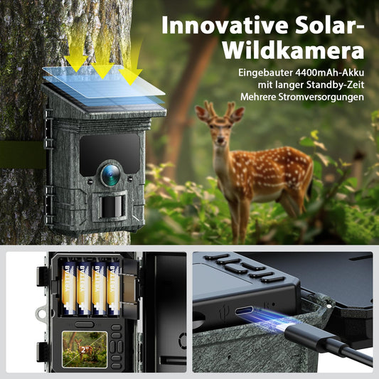 VOOPEAK Wildlife Camera Solar WiFi 4K 30fps 85MP, wildlife camera with mobile transfer APP, game camera with motion detector night vision 120° wide angle IP66 waterproof with 32GB Micro SD card