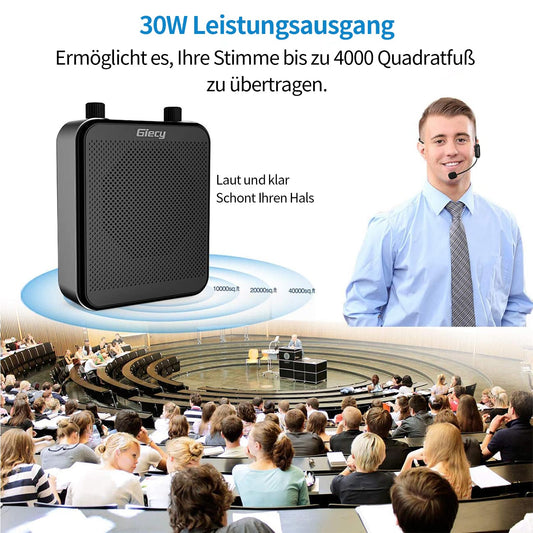 Giecy Portable Bluetooth Speaker (30W) with 7.4V/2800mAh Lithium Battery and microphone headset. Rechargeable mini voice amplifier for trainers, teachers, tour guides, and meetings.