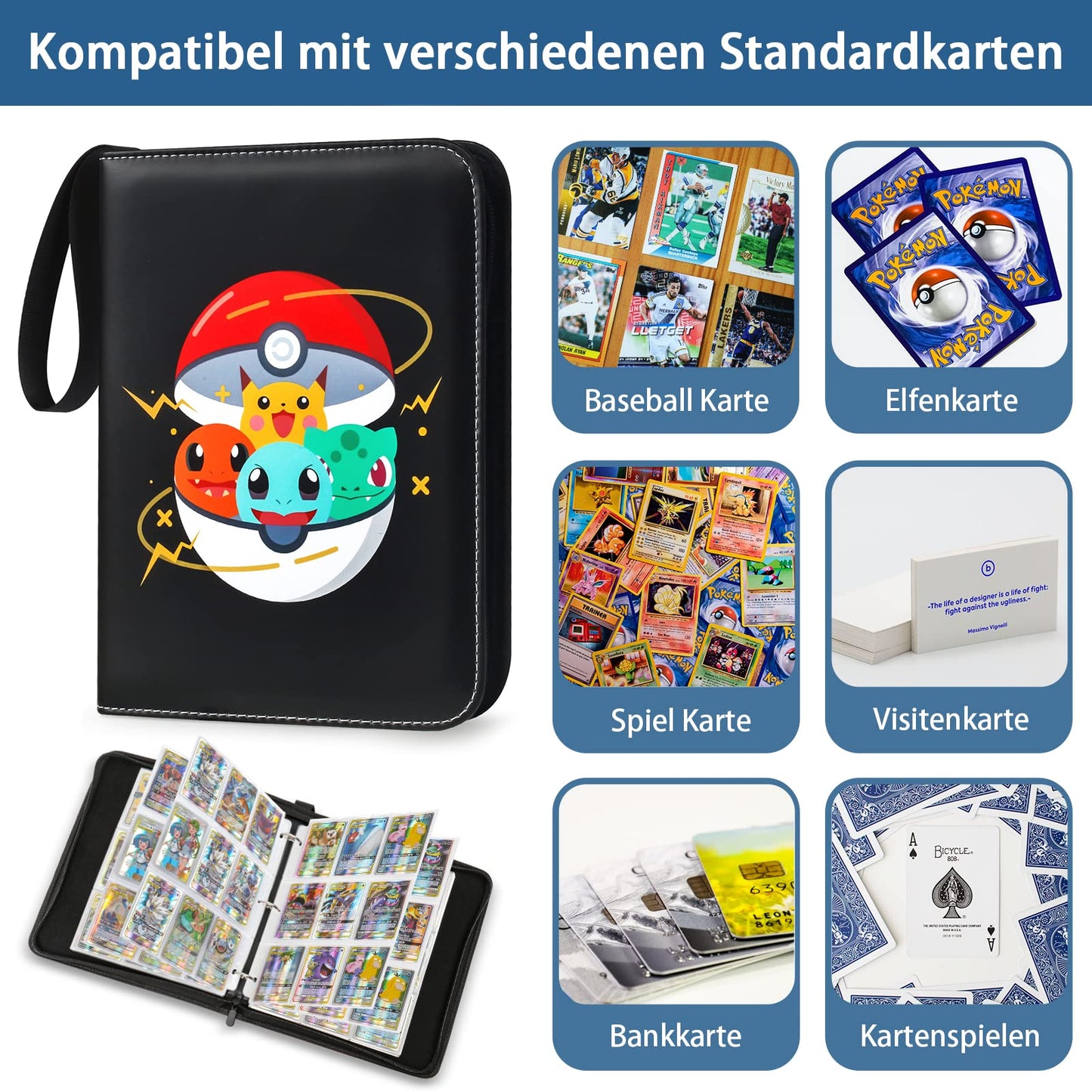 Card collection album, 900 cards capacity with 9 pockets on 50 pages. High-quality waterproof PU leather. Great gift for kids.