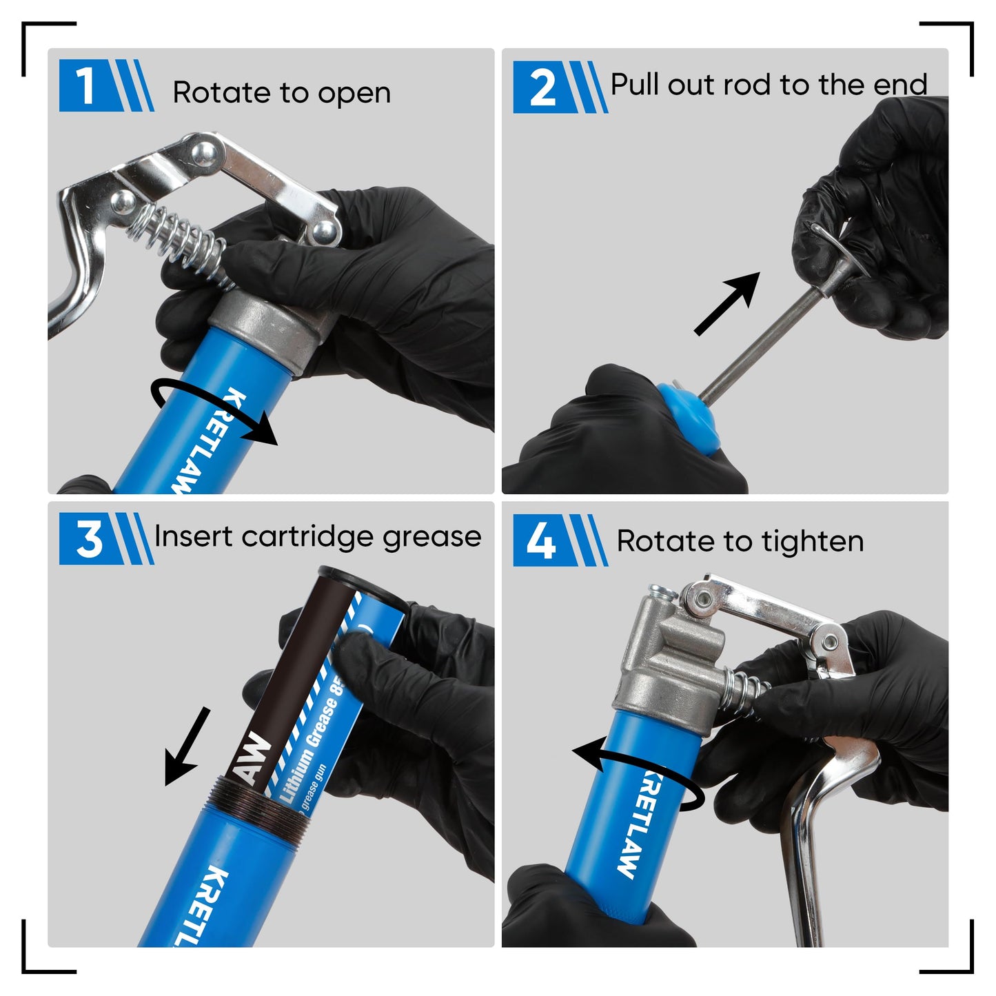 KRETLAW Mini Grease Gun Kit, small grease gun (3000 PSI) with dual 85g cartridge grease and 305mm flex hose, reinforced coupler for automotive and marine use.