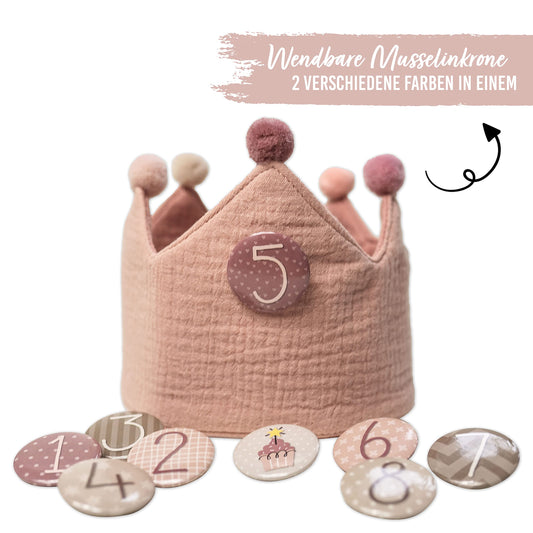 Paper Dragons Birthday Crown Muslin with Numbers - Pink - for Children's Birthday - Crown made of muslin fabric with button numbers from 1-8 | Party decoration hat for boys & girls