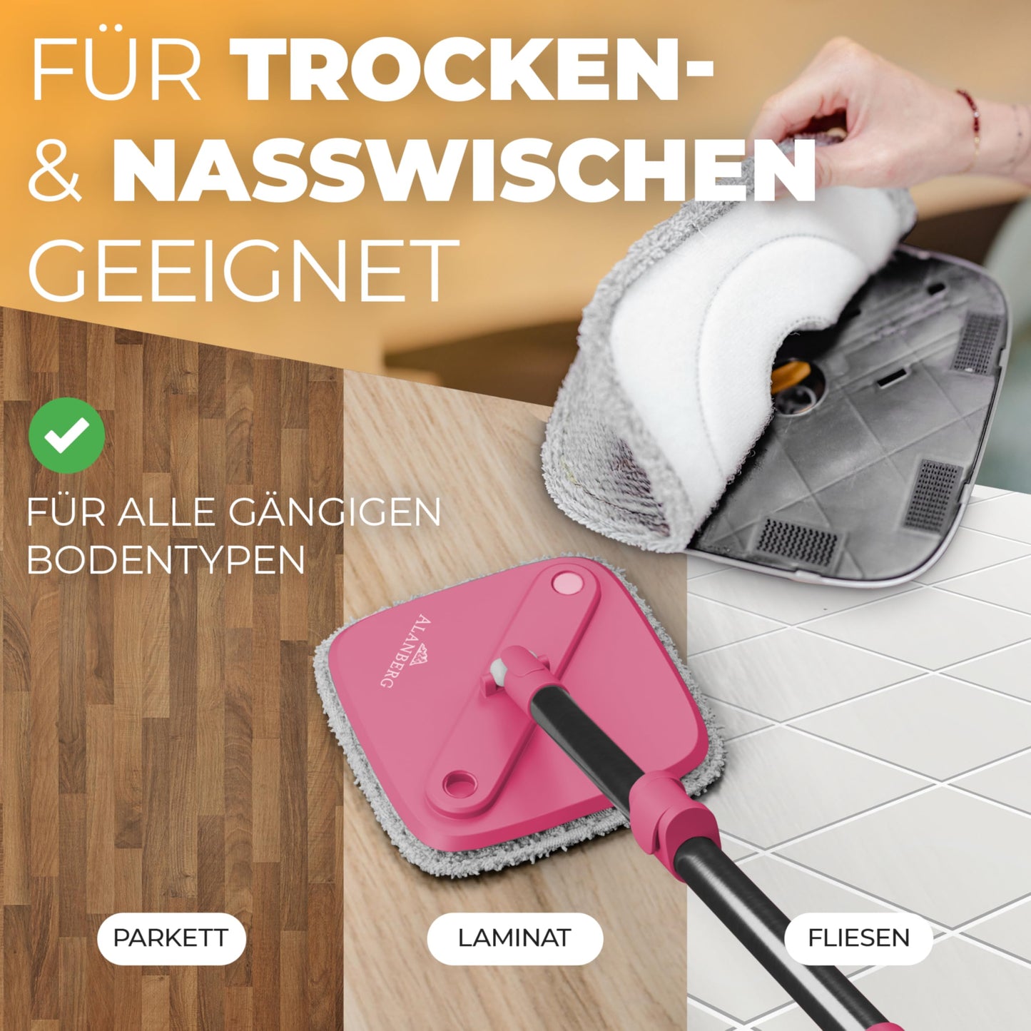 ALANBERG® mop set with bucket, 2-chamber system separation of dirty and clean water, self-wringing with 160 cm telescopic pole & 2 microfiber pads, suitable for all floors, space-saving, pink