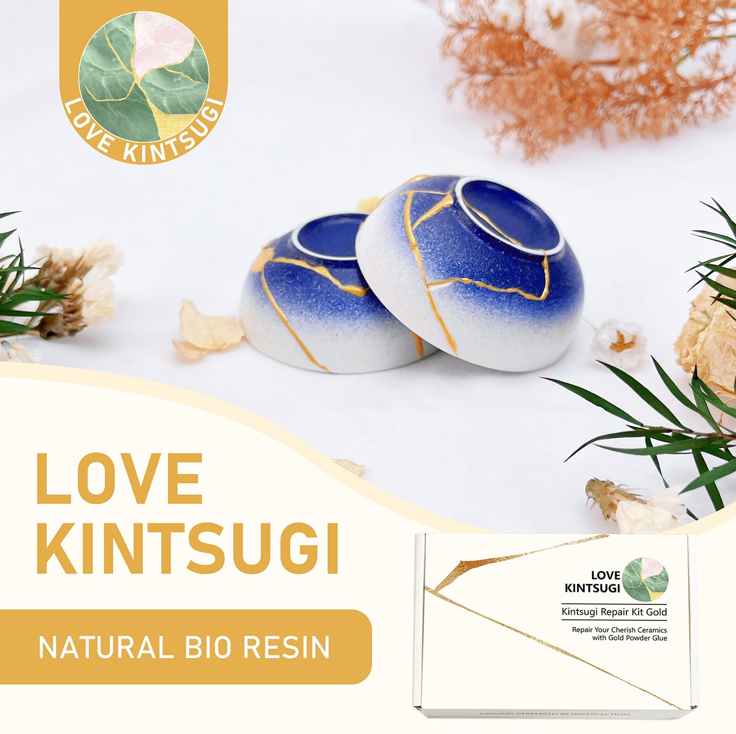 LAMXIN Bio Kintsugi Set - The repaired dishes are dishwasher safe, made with organic materials. Repair ceramics, vases with gold adhesive. Japanese repair art craftsmanship.
