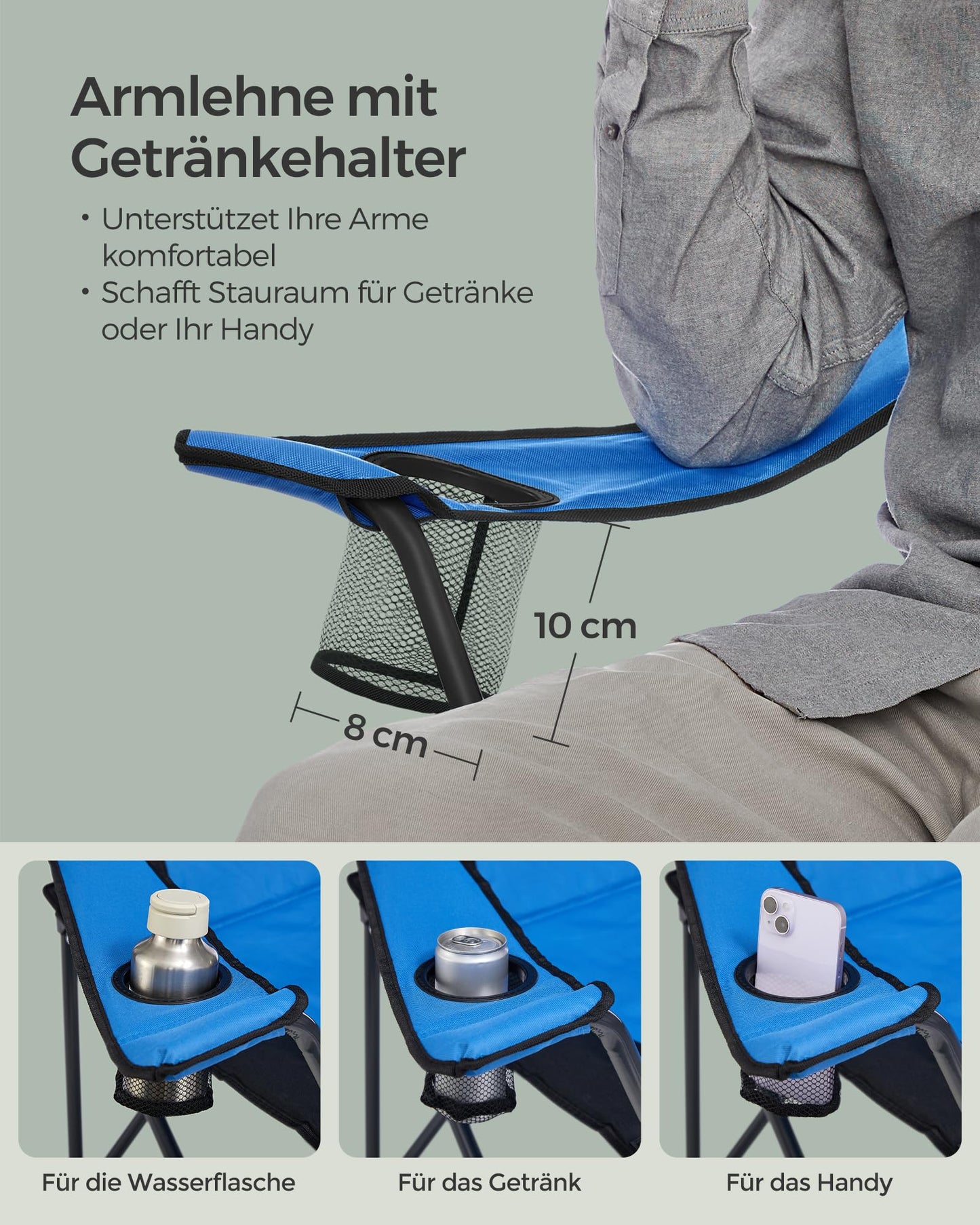 SONGMICS Beach Chair, Camping Chair, Folding Chair with Drink Holder, Foam Padding, Foldable, Supports up to 250 kg, Outdoor Chair, Blue-Black GCB06BU