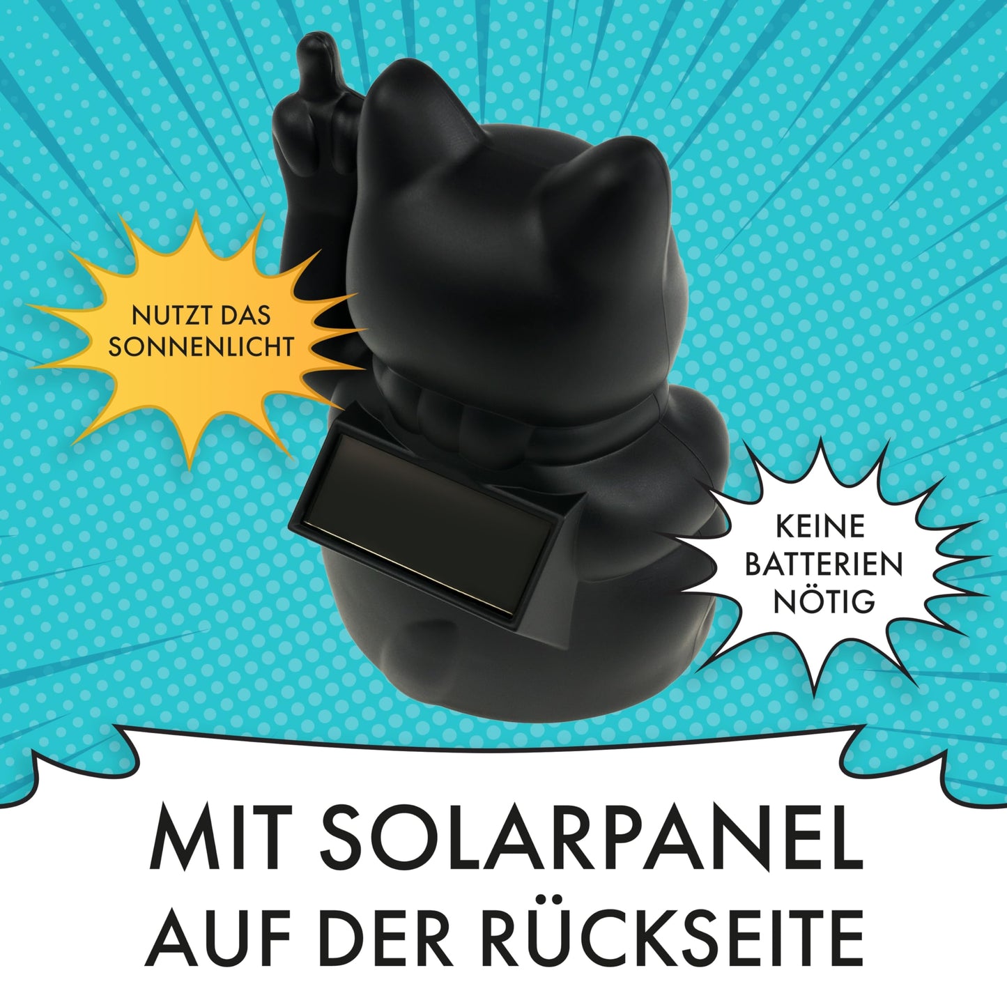 ANGRY CAT - Mini Lucky CAT SOLAR Powered Funny waving cat - Japanese waving cat with middle finger - Decorative wobble figure cat - Waving arm with middle finger - 10cm - black