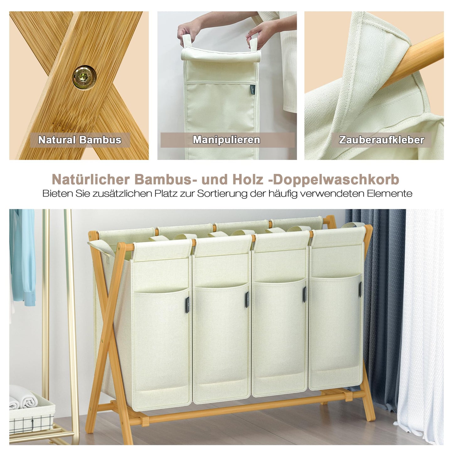 AdelDream 200L laundry basket with 4 compartments - Bamboo laundry collector & sorter, laundry sorting system, X-shaped laundry box, Beige
