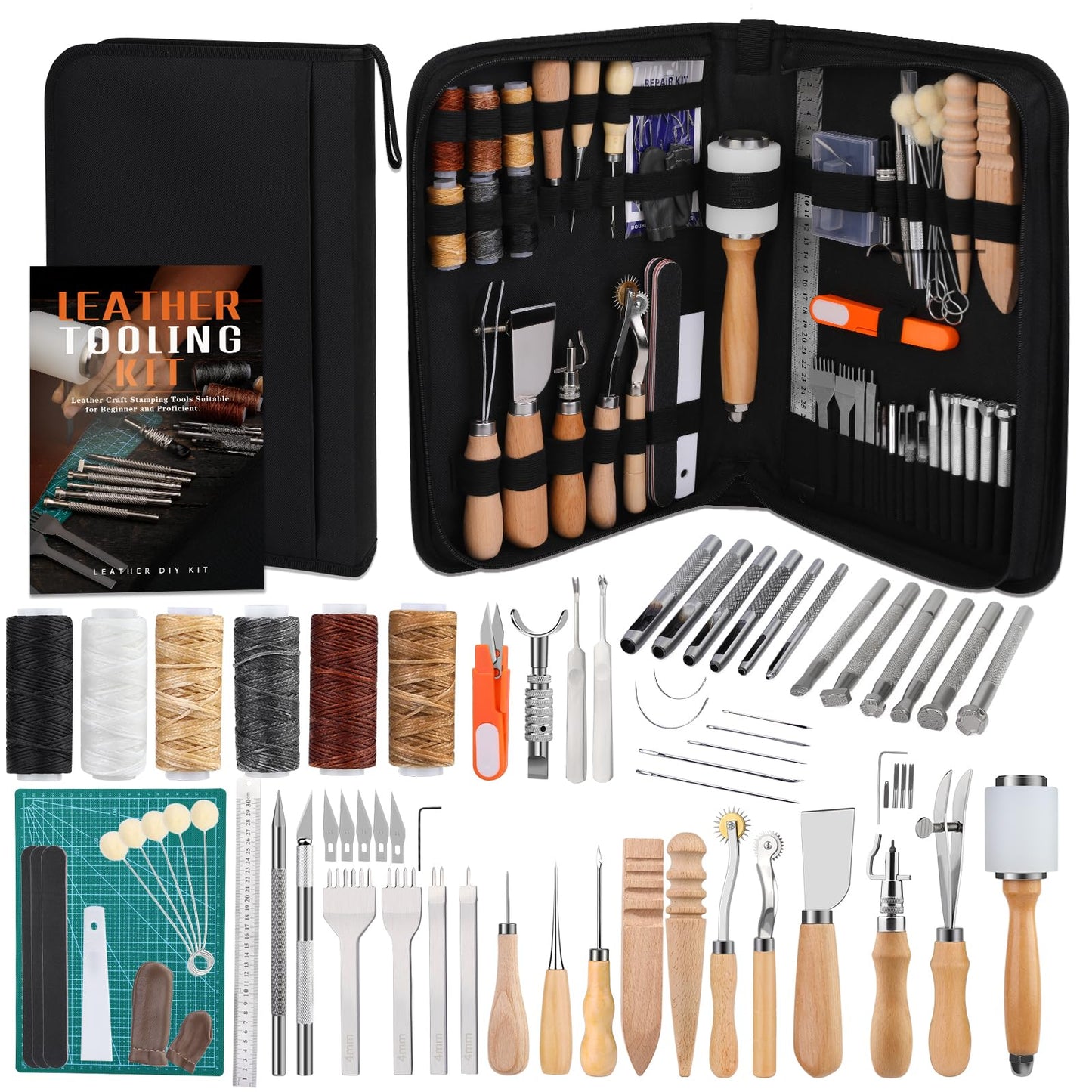 Wamkon leather crafting tools leather crafting sets leather sewing tools with storage bag cutting mat stamping tool pricking iron stitching groove for DIY sewing cutting and stitching.
