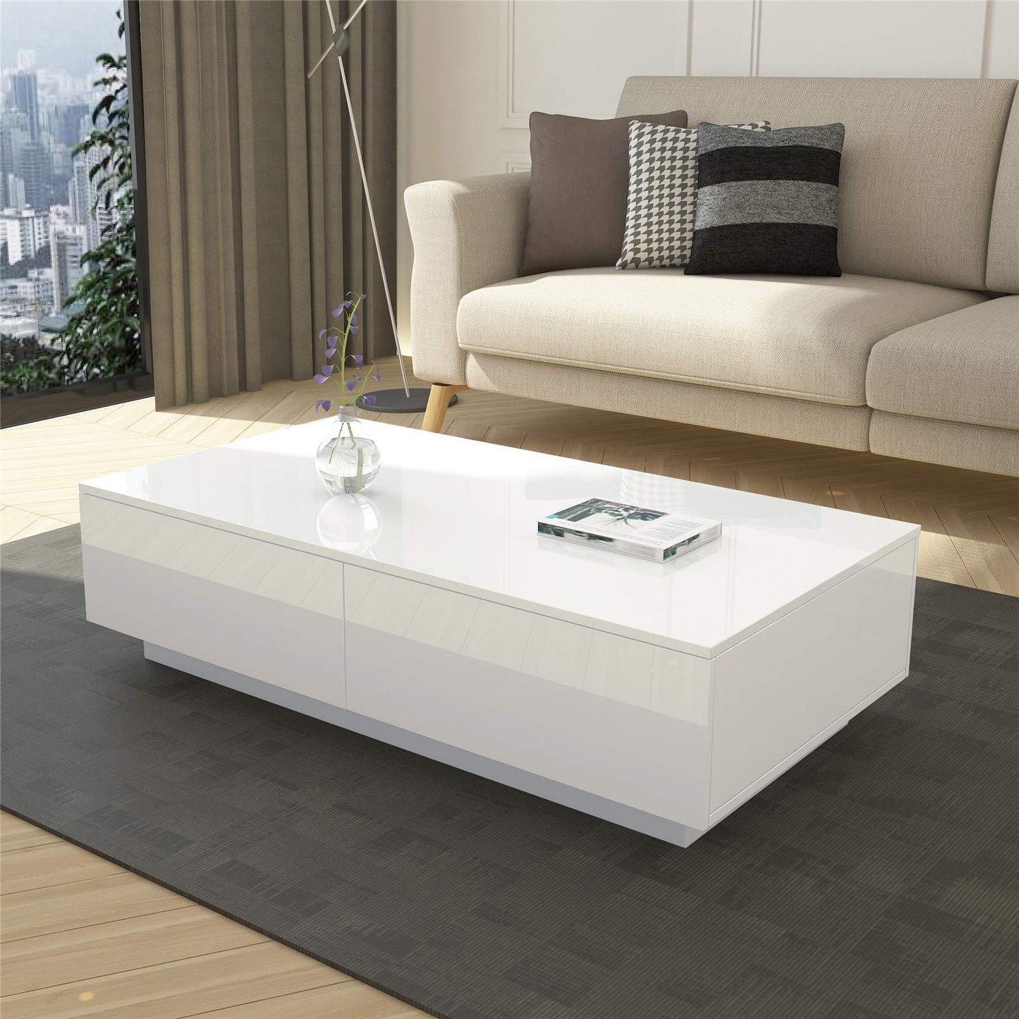 White high gloss coffee table with storage - Modern rectangular table with 4 drawers for living room & home office, high gloss finish & storage organizer 95x60x31 cm