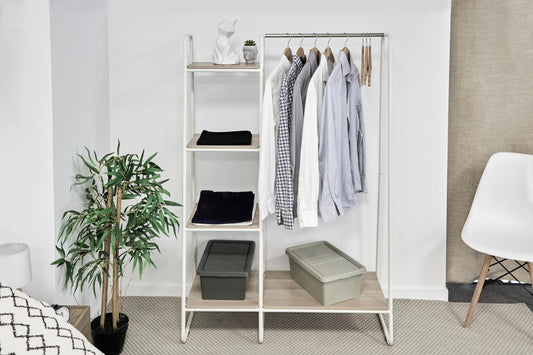 Iris Ohyama clothes rack with wooden shelves, 4 levels, White, Modern design, Sturdy frame, non-slip, For bedroom, studio, wardrobe, clothes & shoes, laundry rack, Easy assembly, PI-B3