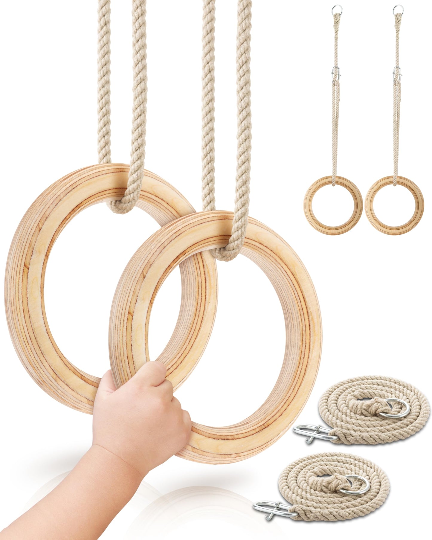 Woudi® wooden gymnastic rings made of laminated solid wood, swing rings with adjustable ropes, for kids and adults I Indoor & Outdoor use I gymnastic rings I toy (17cm outer diameter).