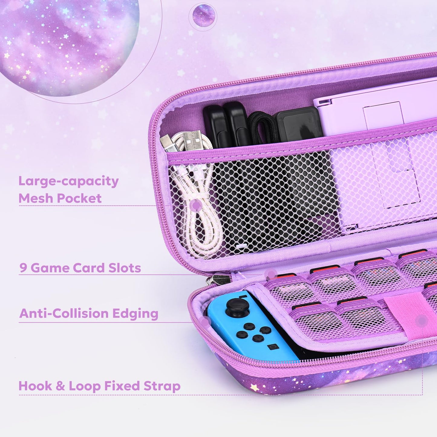 innoAura carrying case for Switch, 14-in-1 NS Switch accessory set with Switch bag, Switch protective case, Switch screen protector, Switch game storage, Switch joystick caps (Galaxy Purple)