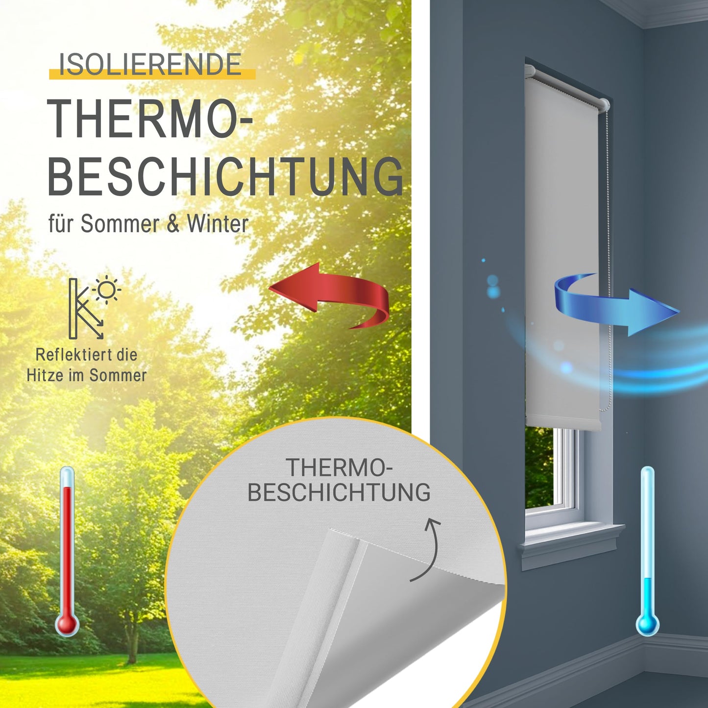 Thermal roller blind for windows without drilling blackout roller blind clamp fix - Sol Royal side pull roller sun protection window interior thermal roller blind without drilling - window roller blind thermo 100x160 cm White T42