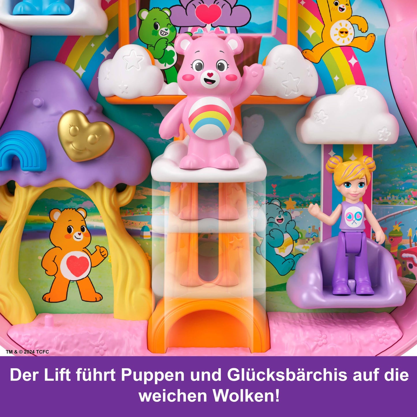 Polly Pocket x Care Bears dolls & playset with toy car and themed accessories, travel-friendly toy, Partnership Case, JCC14.