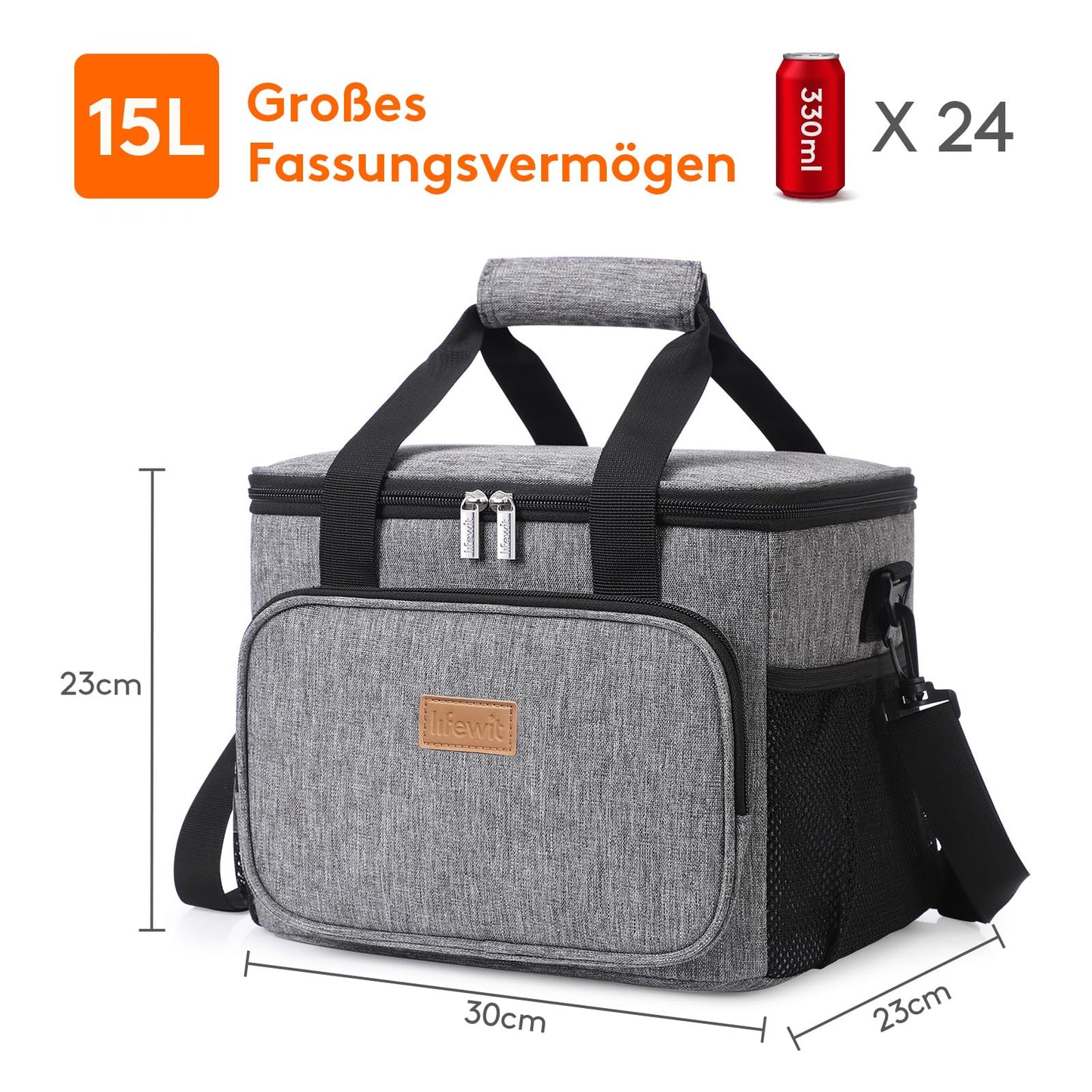 Lifewit 15L cooler bag for on the go, insulated lunch tote for men and women, waterproof thermal shoulder bag for food, beer, medication, work, beach, travel, gray.