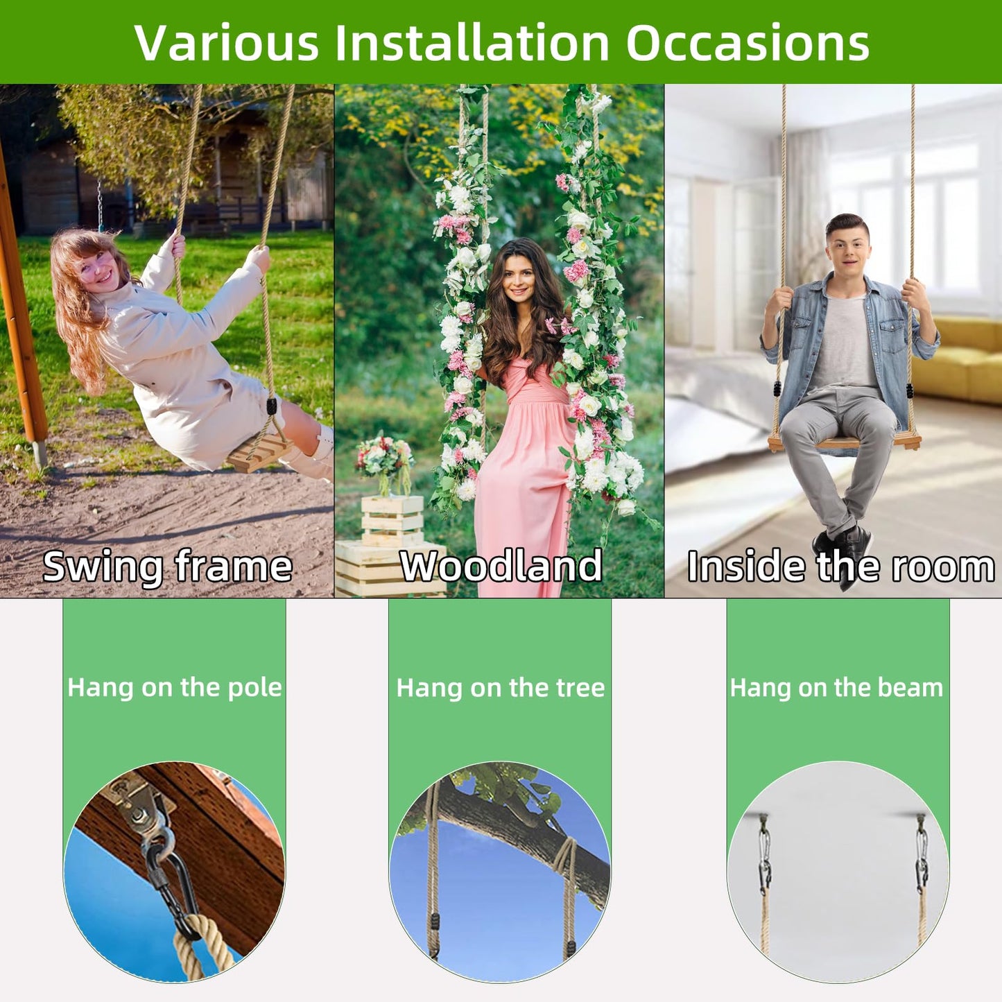 An exercise wooden swing seat for adults and children, with adjustable rope up to 100kg, suitable for indoor and outdoor use.