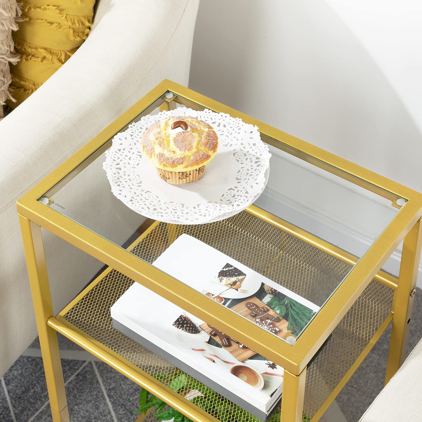HOOBRO Side Table Gold, Telephone Table, 3-Tier Nightstand with Tempered Glass Top and Grid, Coffee Table for Living Room, Bedroom, Gold Color EGD04DH01