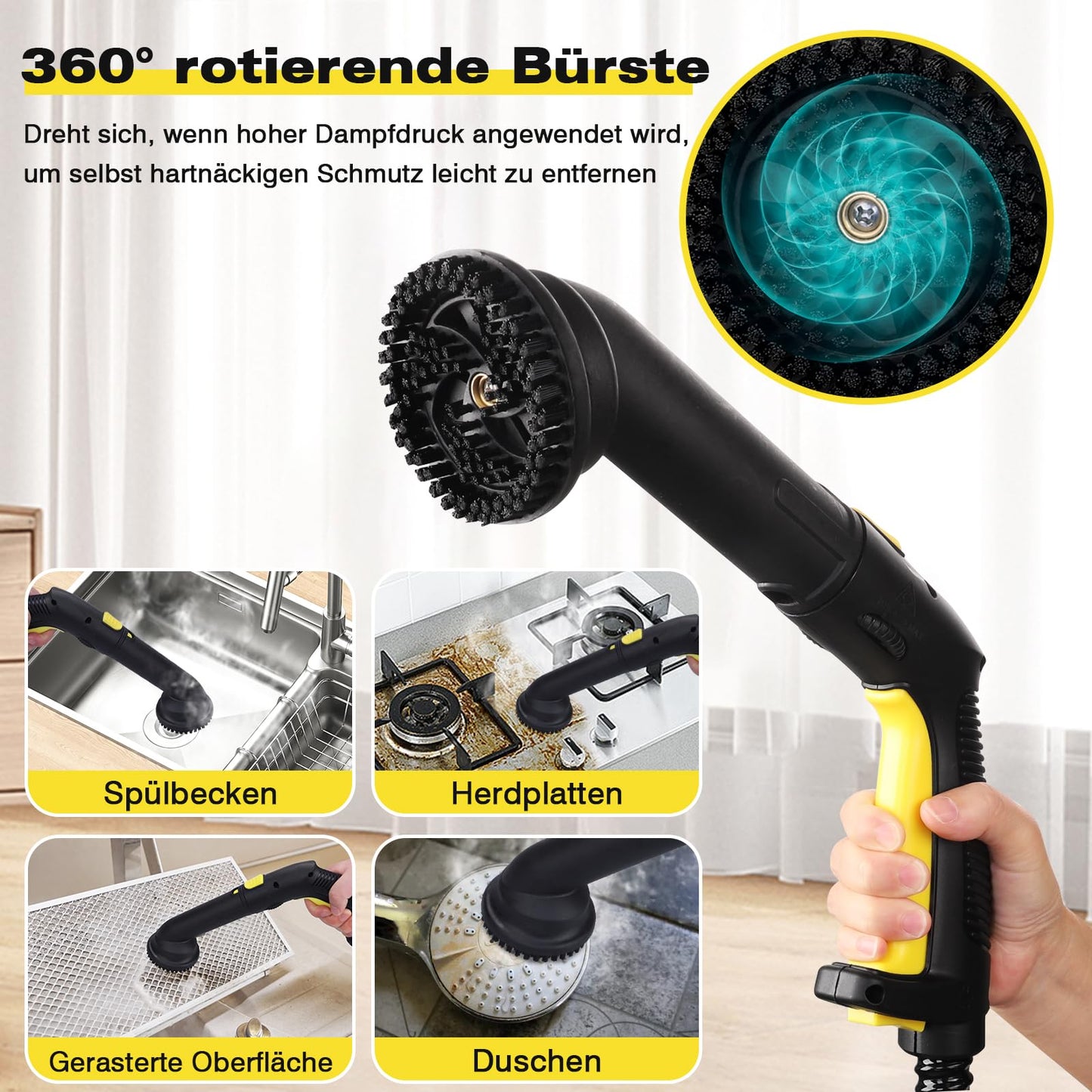TVD Steam Cleaner, upholstery cleaning device, steam cleaner with 5m extra long power cord for floor steamers, oven, carpet, sofa, upholstery, bed bugs (deep yellow)