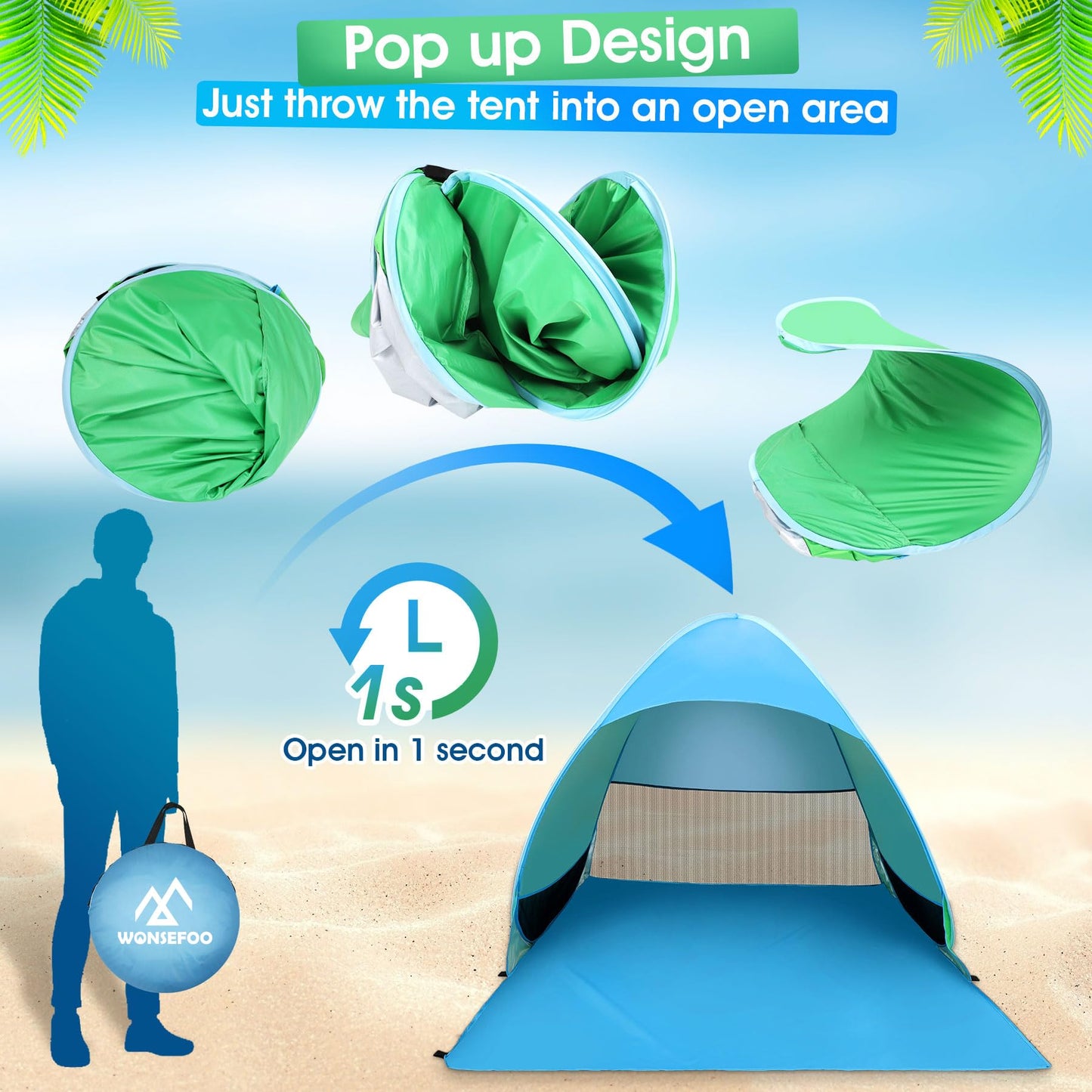 WONSEFOO Beach Tent UV Protection 50+ | 2-3 Person Beach Shelter | Pop-up Waterproof Portable Instant Tent | Beach Canopy for Family Camping Garden Beach