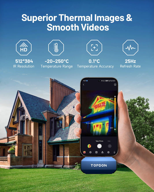TOPDON Thermal Camera for Android TC001-A, High resolution 512x384 with TISR, 256x192 IR resolution, Temperature range: -20°C to +550°C, for smartphones and tablets.