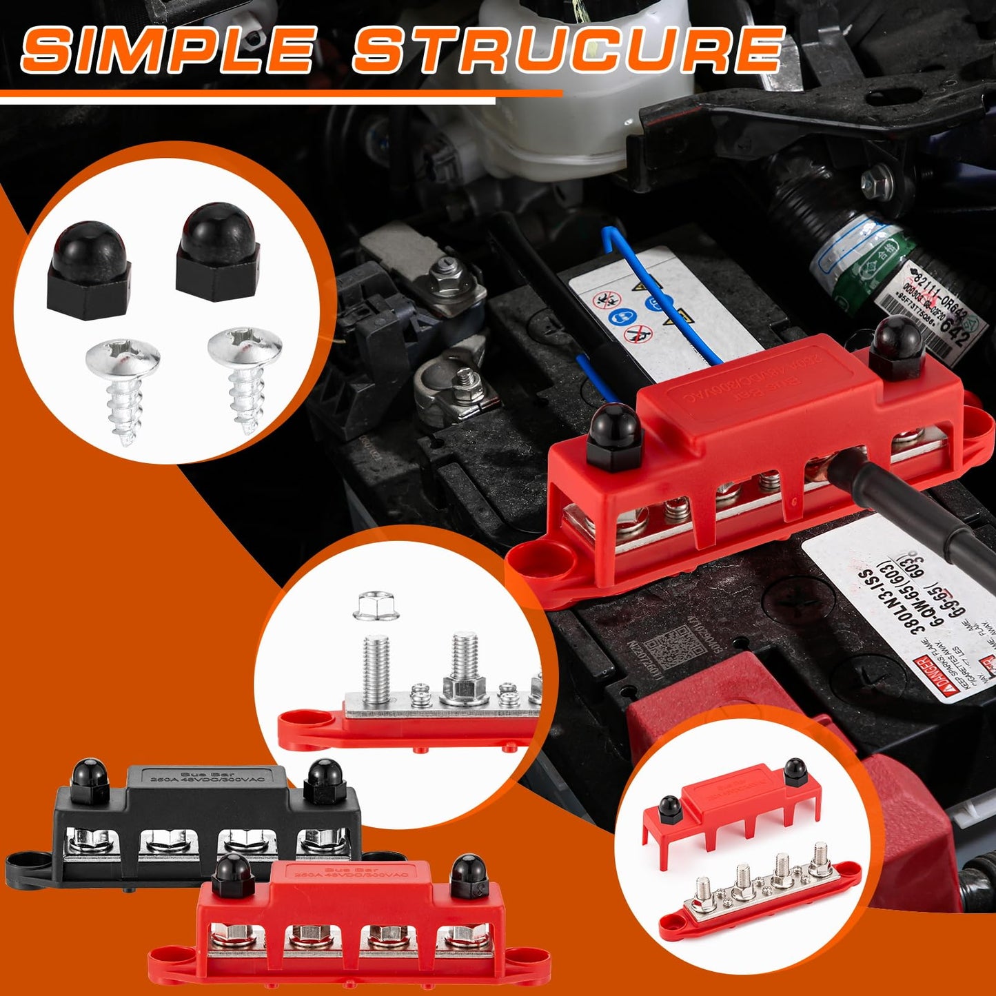 250A 12V busbar with 4 x M8 (5/16") terminal studs, DC bus bar distribution block with cover, negative & positive high power bus bar box for car, boat, solar system (M8)