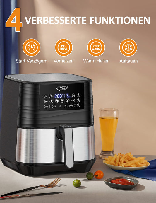 Innsky hot air fryer 5.5L XXL, 1700W hot air fryer with digital LED touchscreen and 7 programs, preheat & keep warm & defrost, air fryer without oil with recipe book in German.