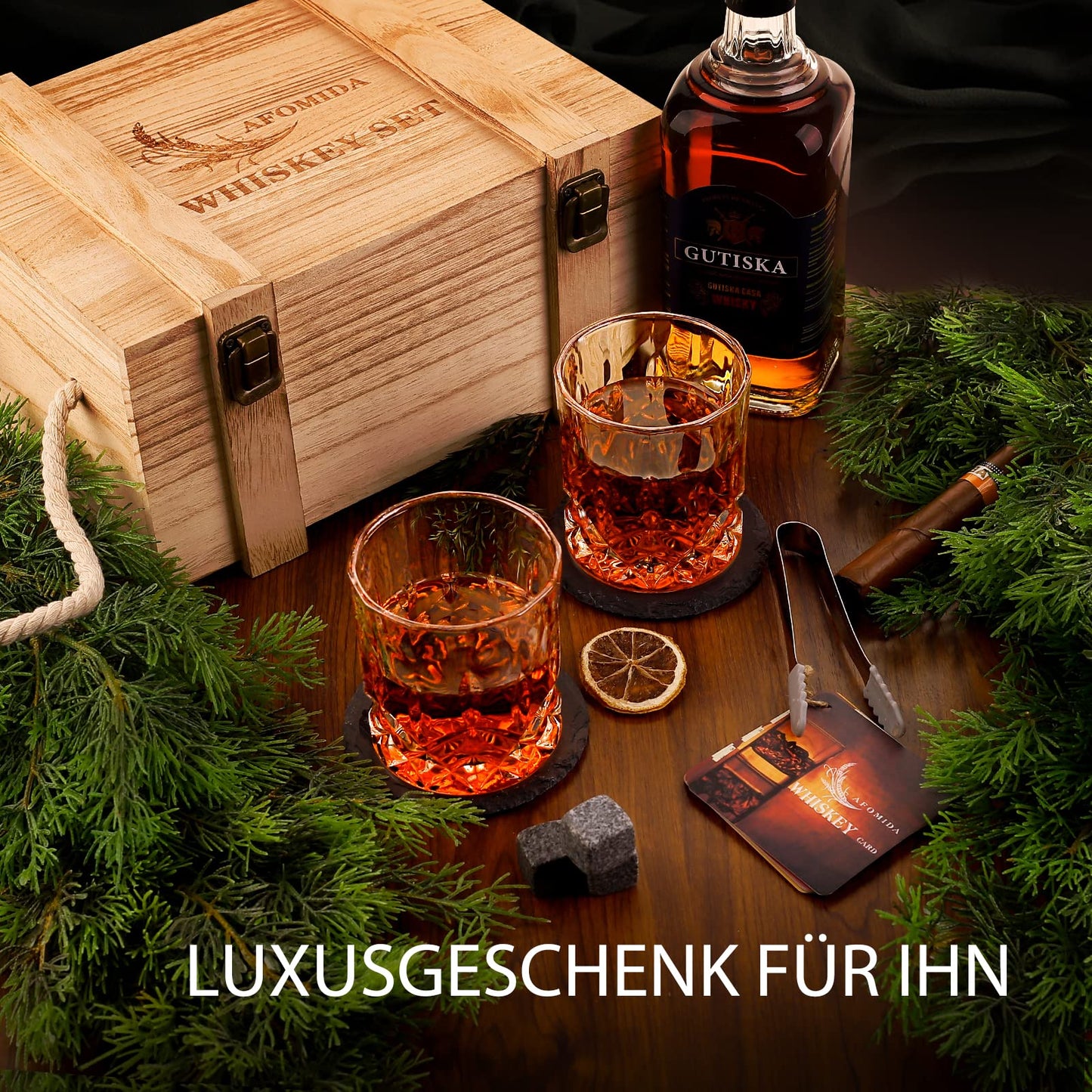 Whiskey glass and stone set gift for men husband dad special gift - 8 whiskey granite cooling stones - 2 glasses 10 oz - 2 coasters - tongs cocktail recipe wooden box Christmas/birthday.