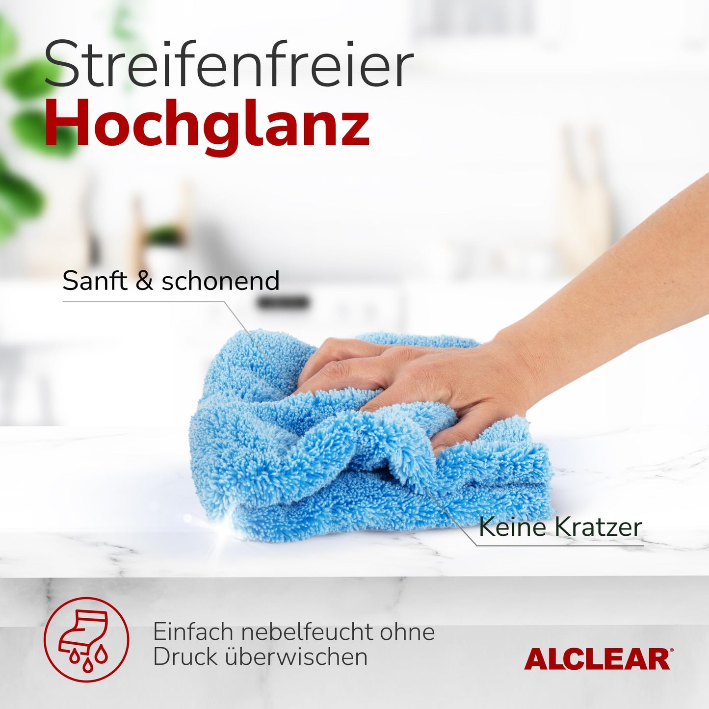 ALCLEAR 820203K_3 microfiber cloths 3-pack 40x40 cm - for high gloss kitchen, furniture fronts, varnish, plastic, glass, lint-free, streak-free, ultrasonically cut, can be used damp, washable 60° C