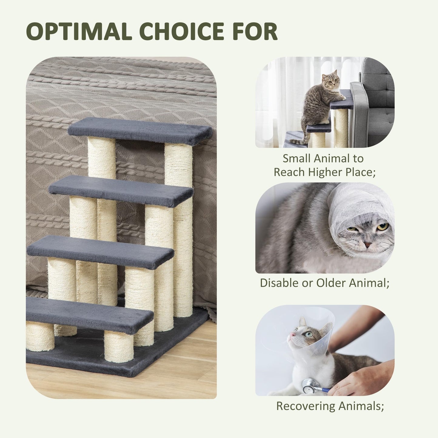 PawHut Pet Stairs Cat Stairs Dog Stairs 4 Steps Stairs for Cats and Dogs Plush Grey 60 x 42 x 61 cm