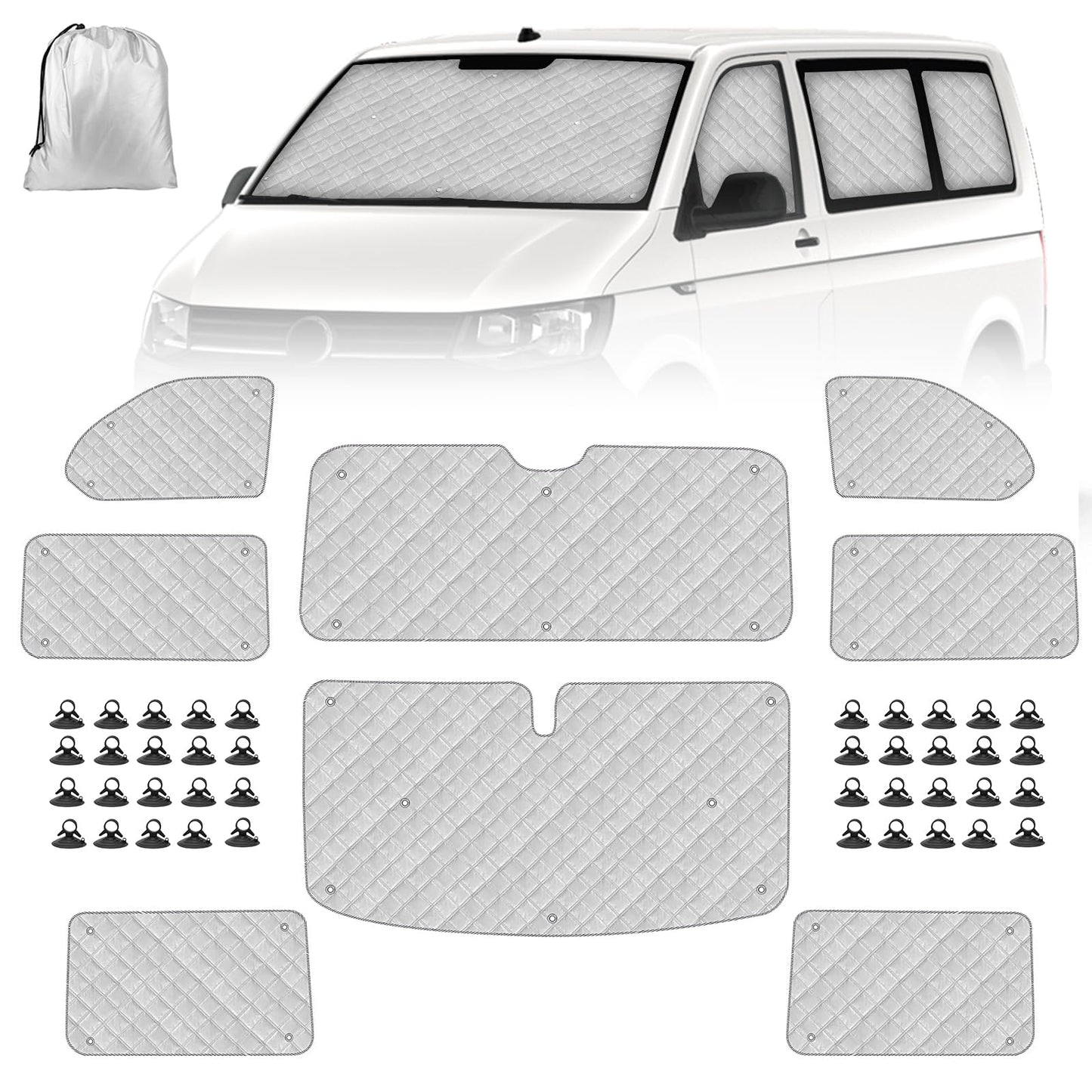 Car Windshield Sun Shade Replacement for VW T5 T6 SWB, 8PCS Sunshade Windshield Protection Set, Internal Thermal Blinds Window Set with Storage Bag, 100% Occlusion (8PCS-SWB)