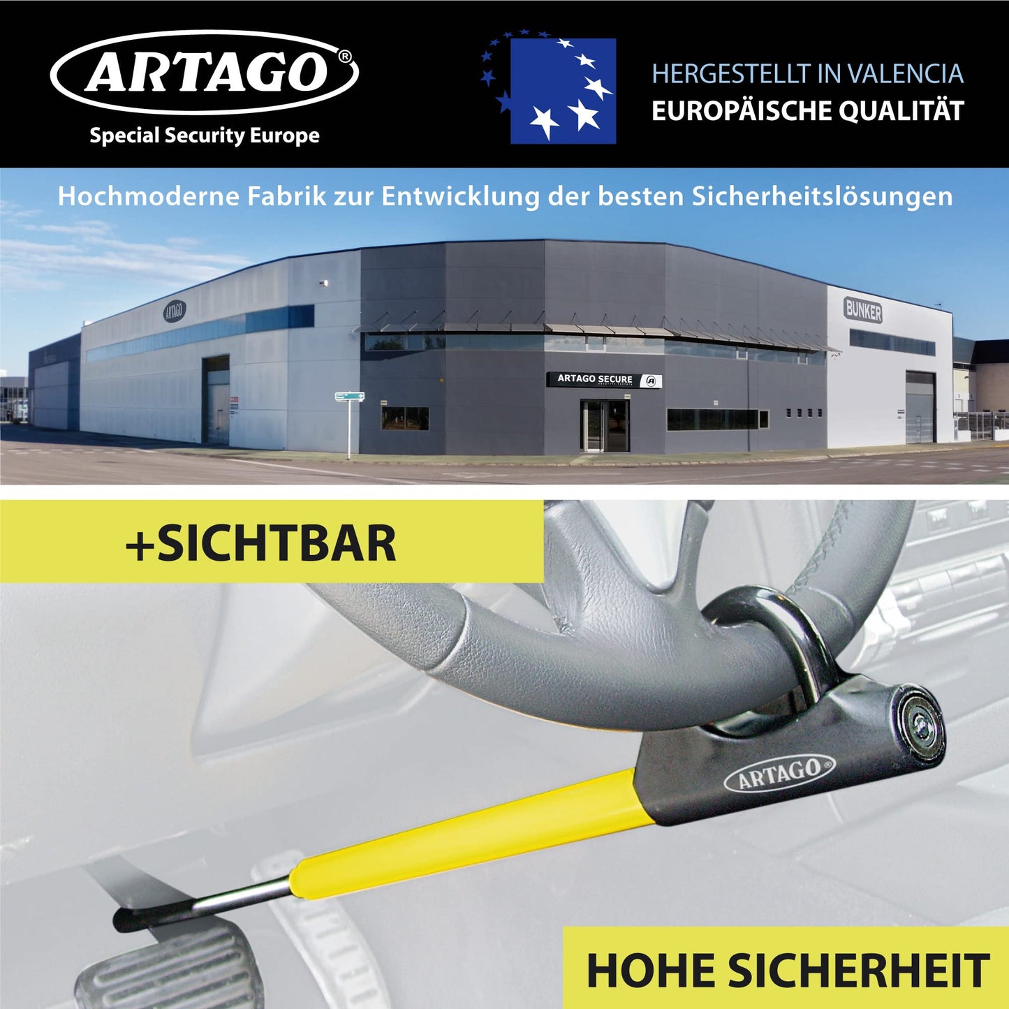 ARTAGO 871A/B steering wheel lock EASY HOOK adjustable, steering wheel claw, anti-theft steering wheel pedal car, Black/Yellow