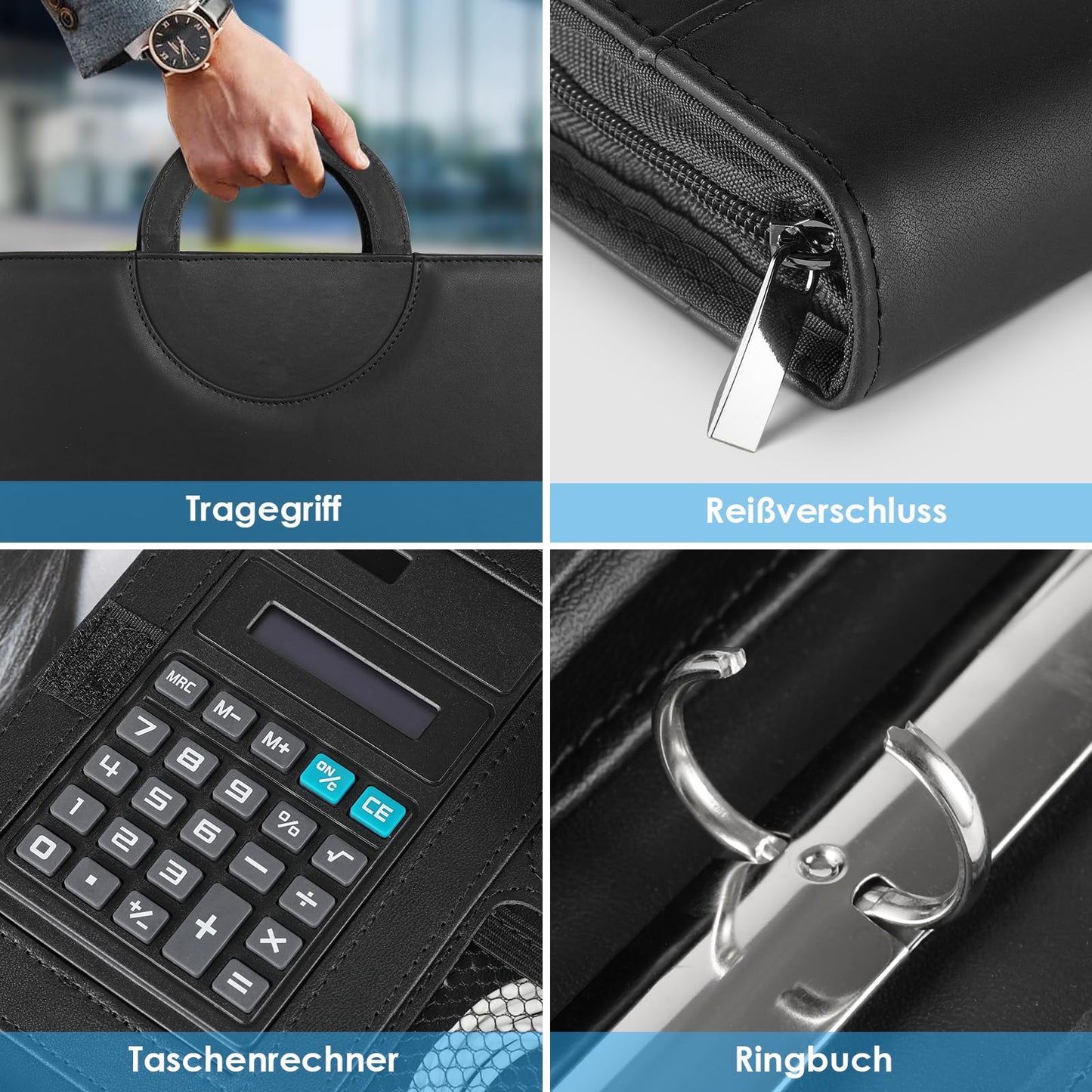 A4 writing case, A4 conference folder with phone holder, leather document folder with zipper, waterproof file folder with ring binder clipboard notepad, portfolio folder for business meeting, black.