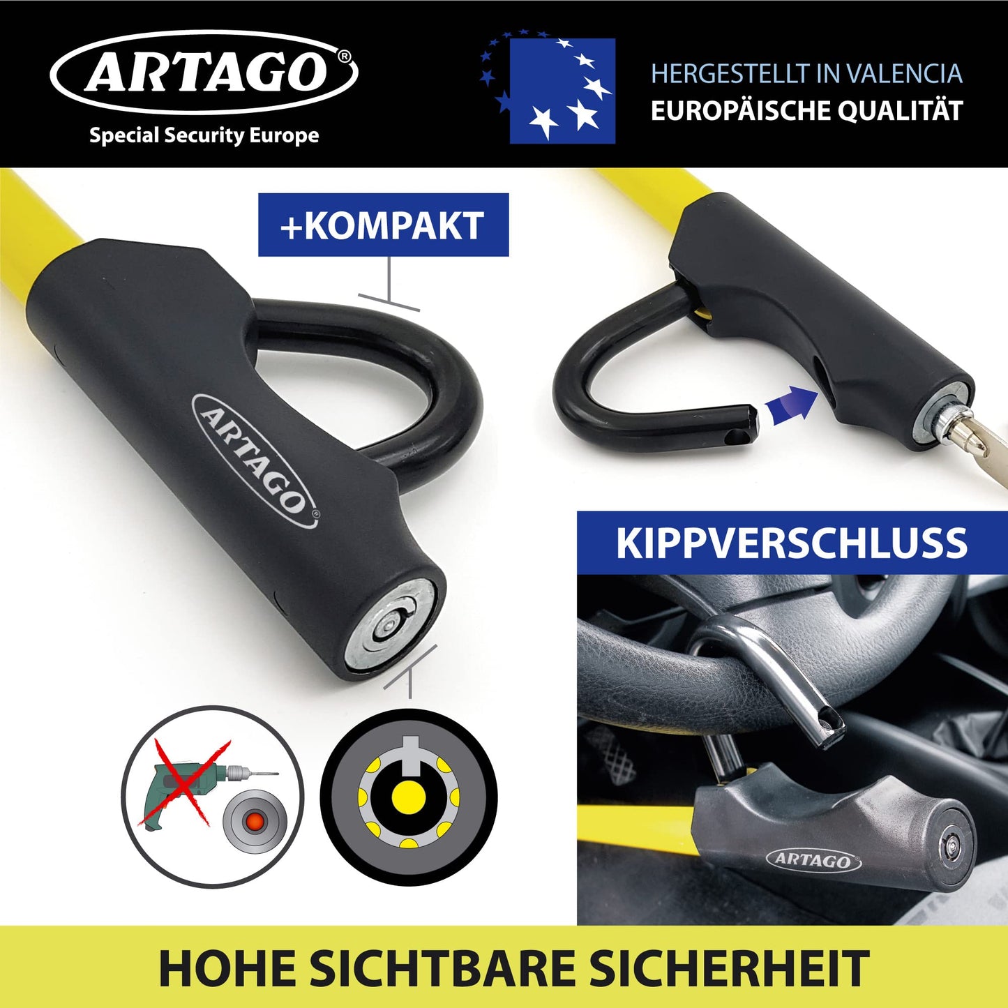 ARTAGO 871A/B steering wheel lock EASY HOOK adjustable, steering wheel claw, anti-theft steering wheel pedal car, Black/Yellow